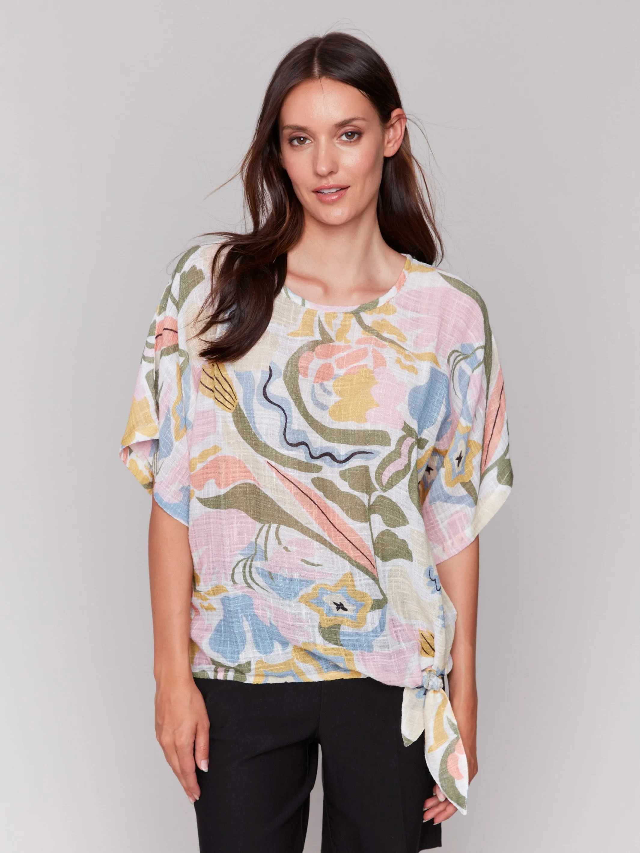 Printed Cotton Gauze Blouse with Side Tie - Pastel sold by Charlie B