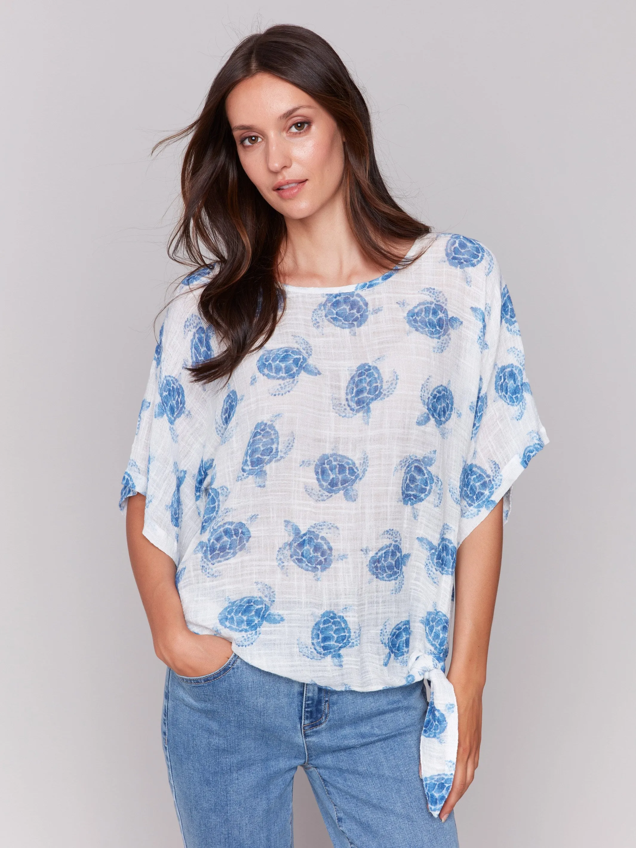 Printed Cotton Gauze Blouse with Side Tie - Turtle sold by Charlie B