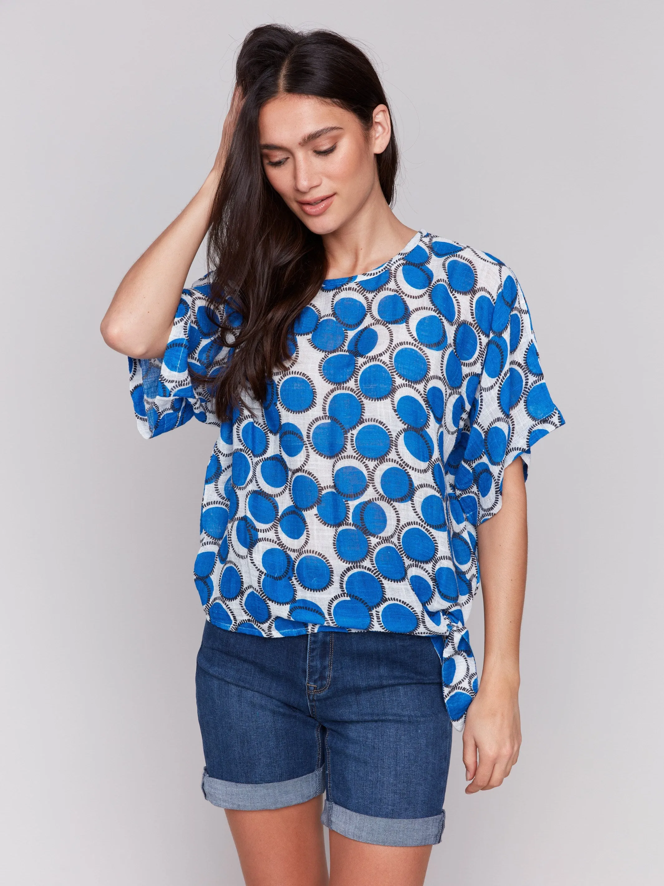 Printed Cotton Gauze Blouse with Side Tie - Tennis sold by Charlie B