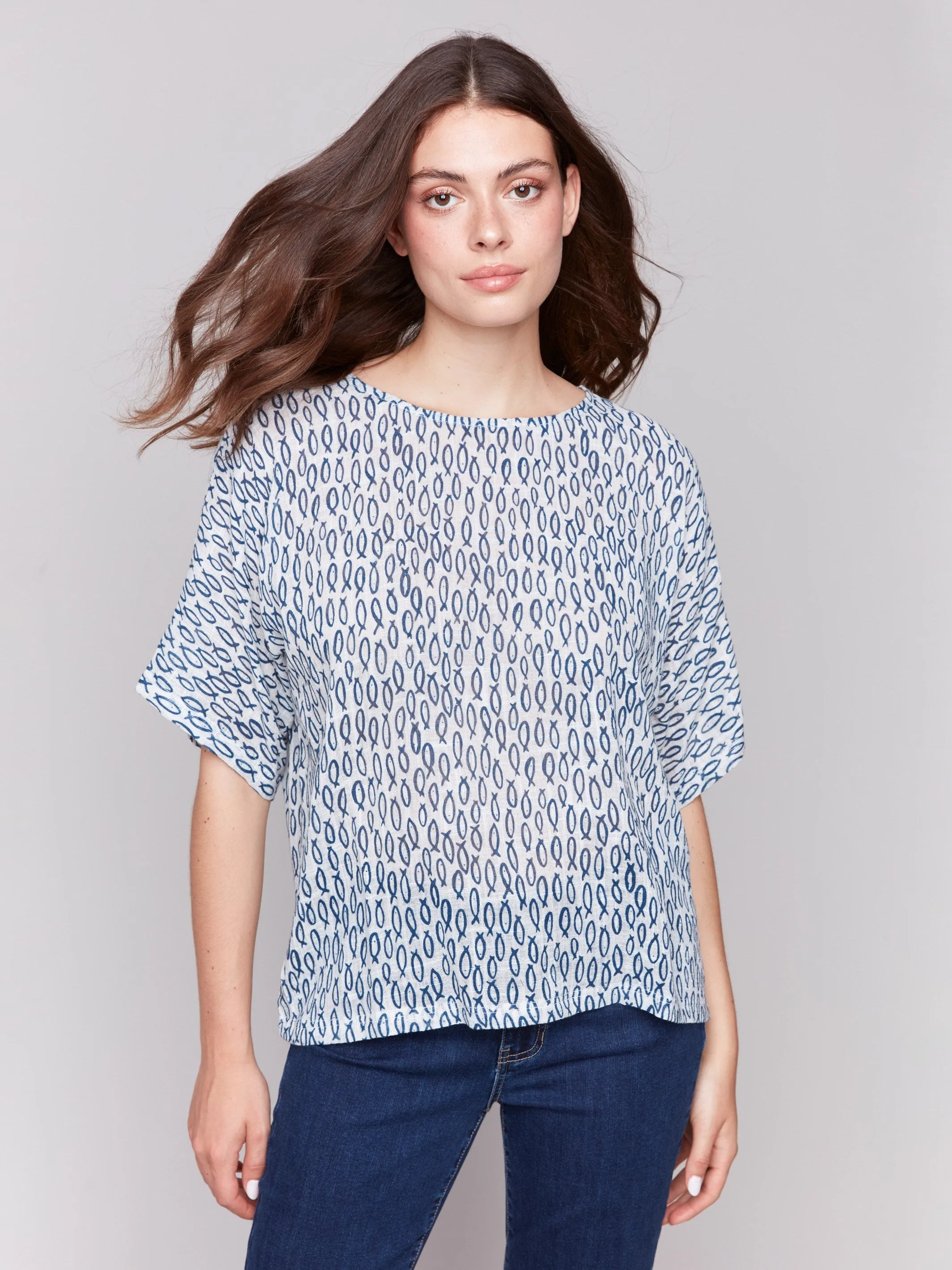 Printed Cotton Gauze Dolman Blouse - Fish sold by Charlie B product image thumbnail 3
