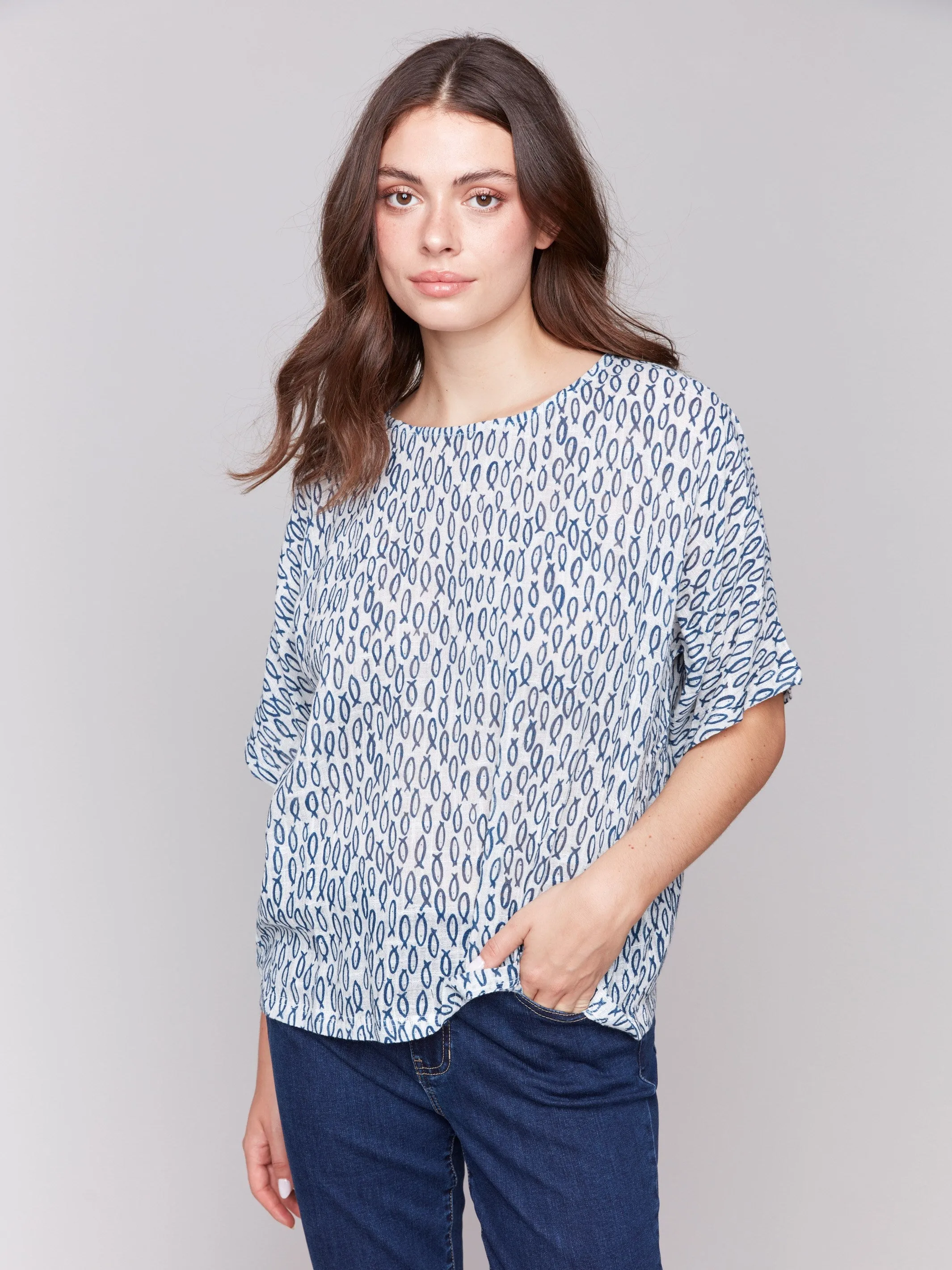 Printed Cotton Gauze Dolman Blouse - Fish sold by Charlie B
