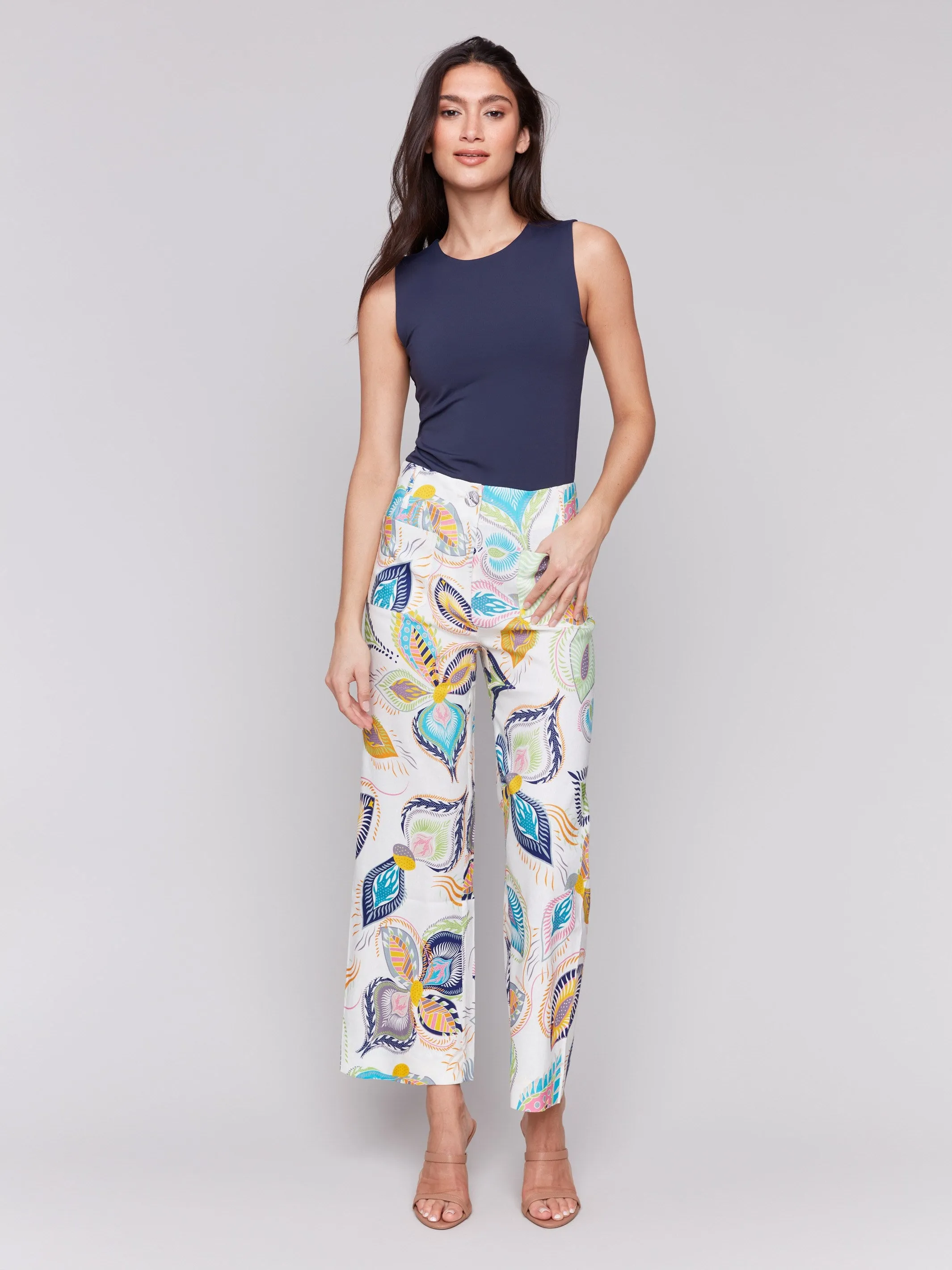 Printed Cropped Linen Blend Pants - Feathers sold by Charlie B