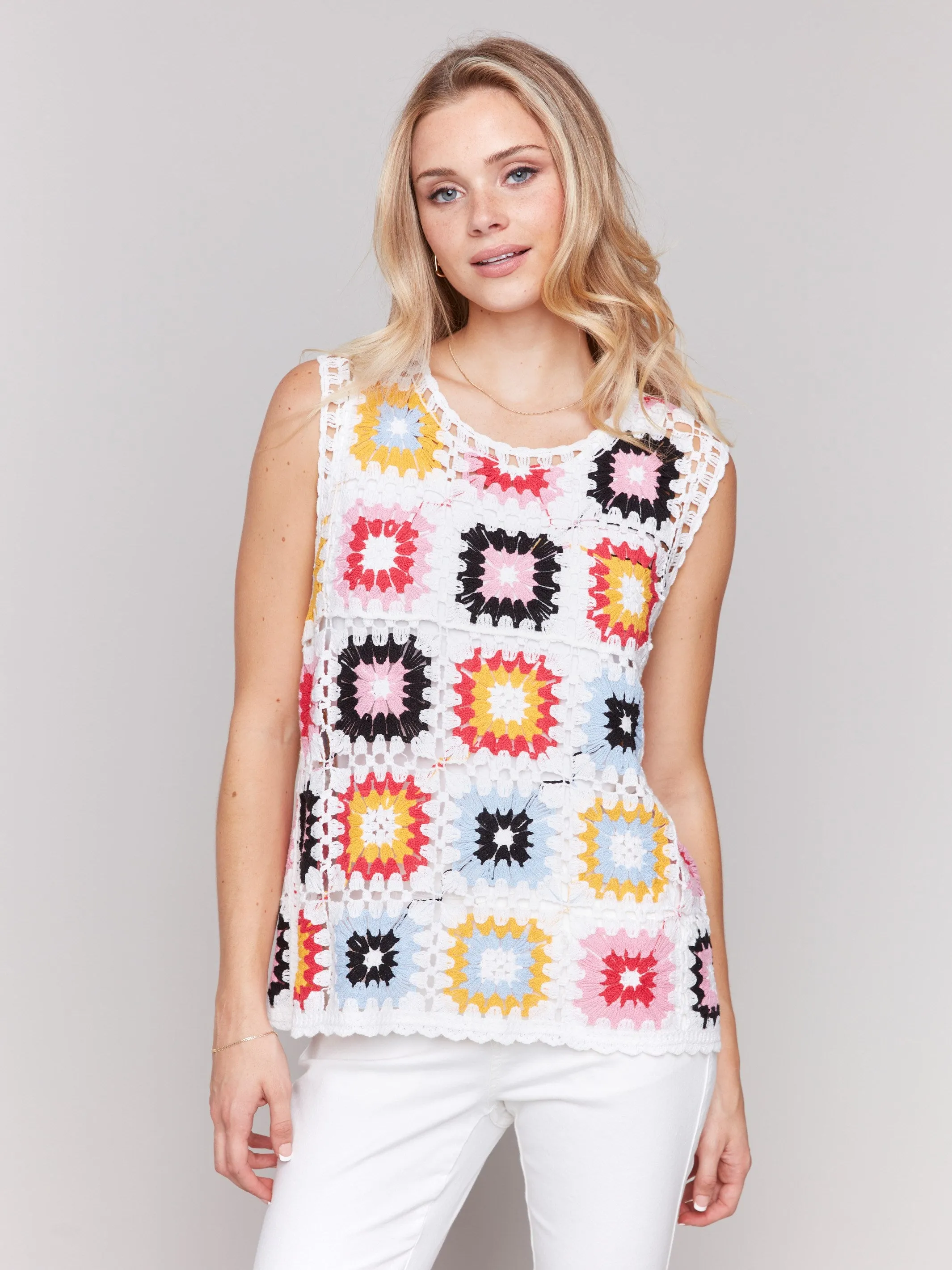Sleeveless Crochet Crew Neck Top - Multicolor sold by Charlie B