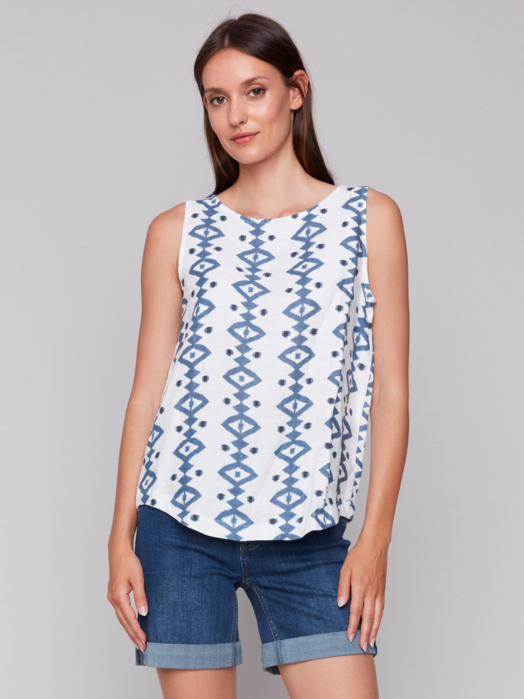 Printed Sleeveless Top with Rounded Hem - Geo sold by Charlie B