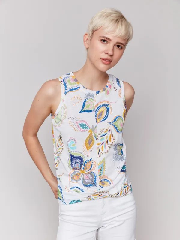Printed Cotton Slub Tank Top with Knot Detail - Feathers sold by Charlie B