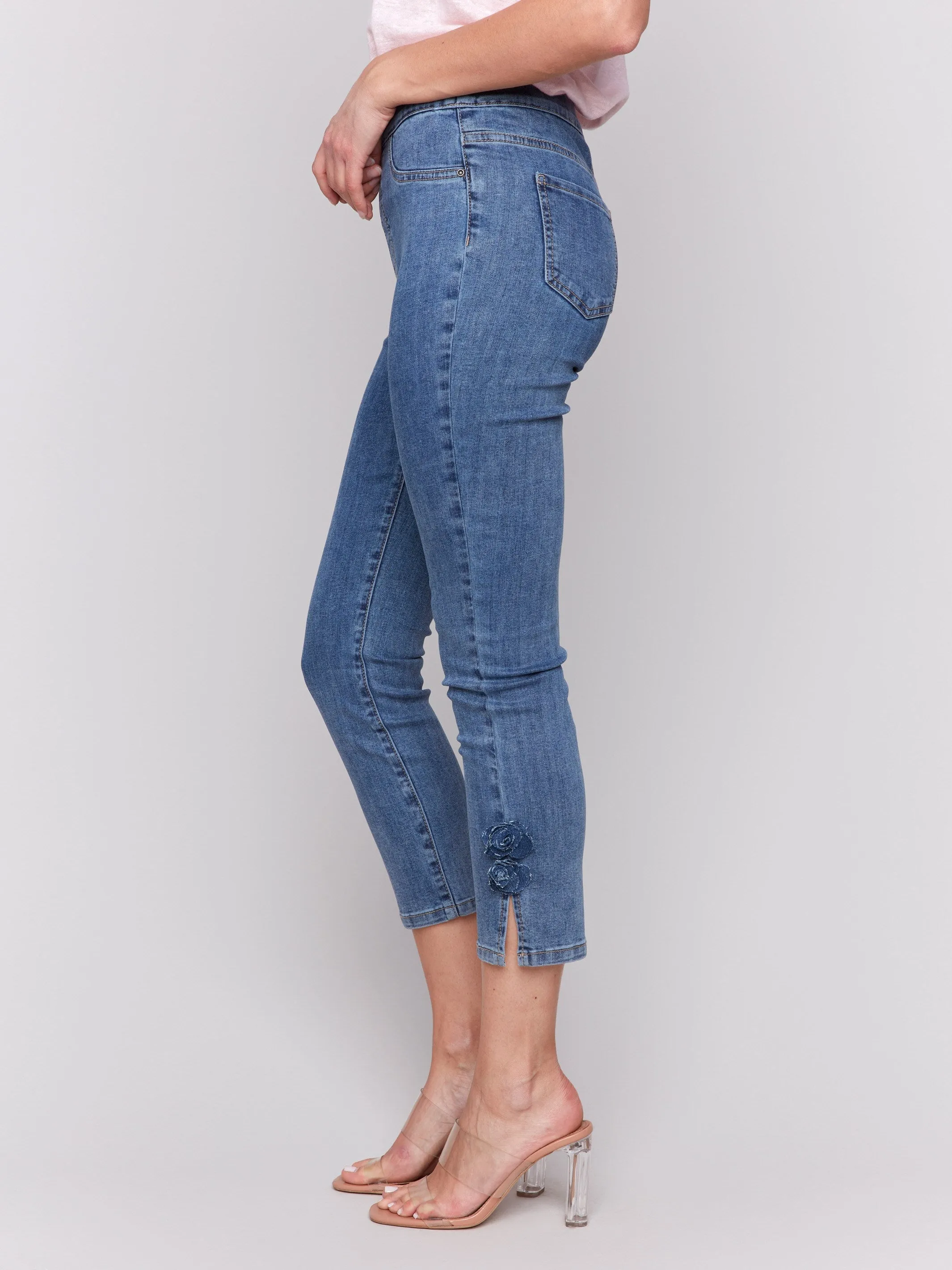 Slim Fit Cropped Jeans with Side Flowers - Medium Blue sold by Charlie B product image thumbnail 3