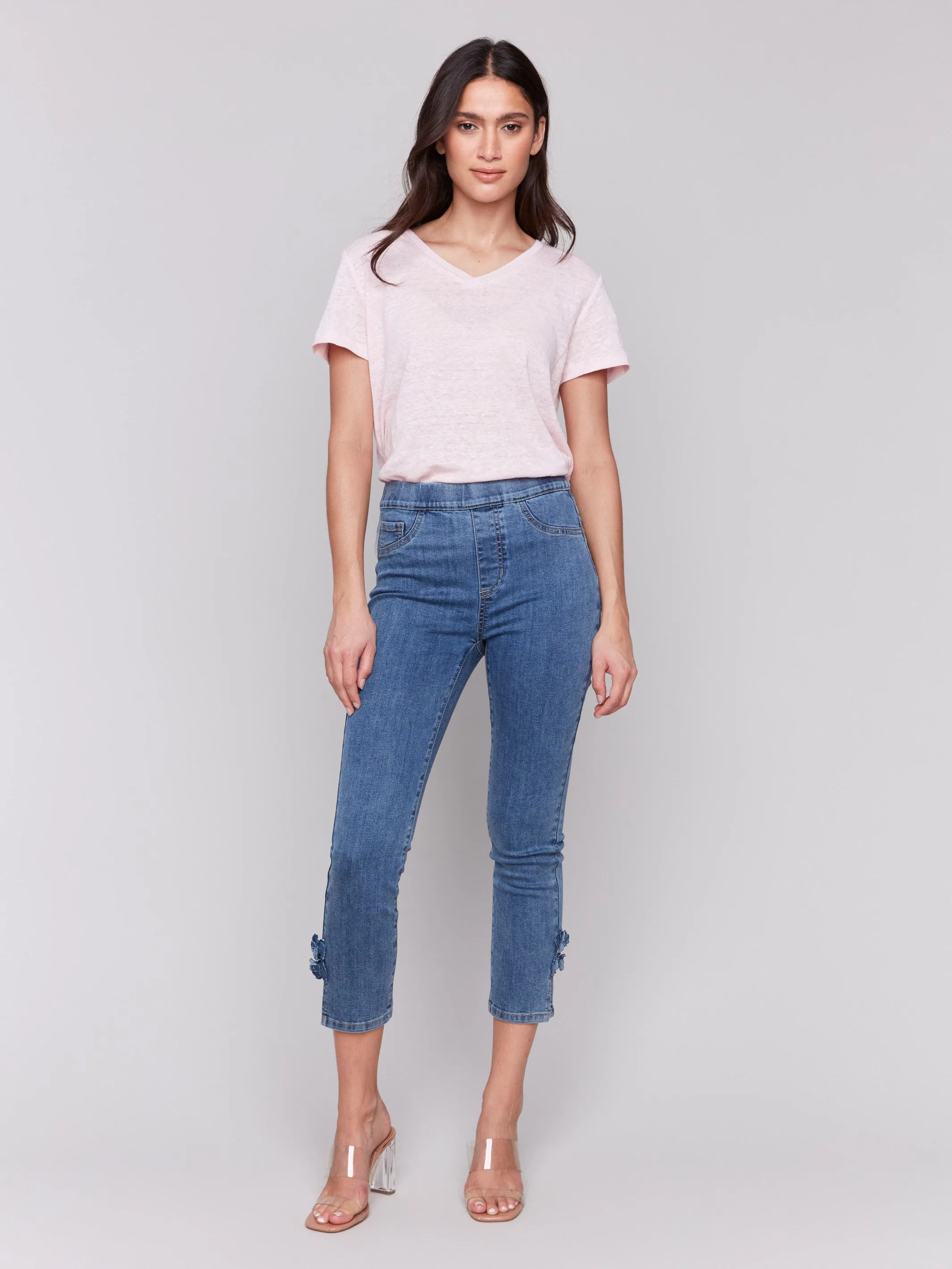 Slim Fit Cropped Jeans with Side Flowers - Medium Blue sold by Charlie B