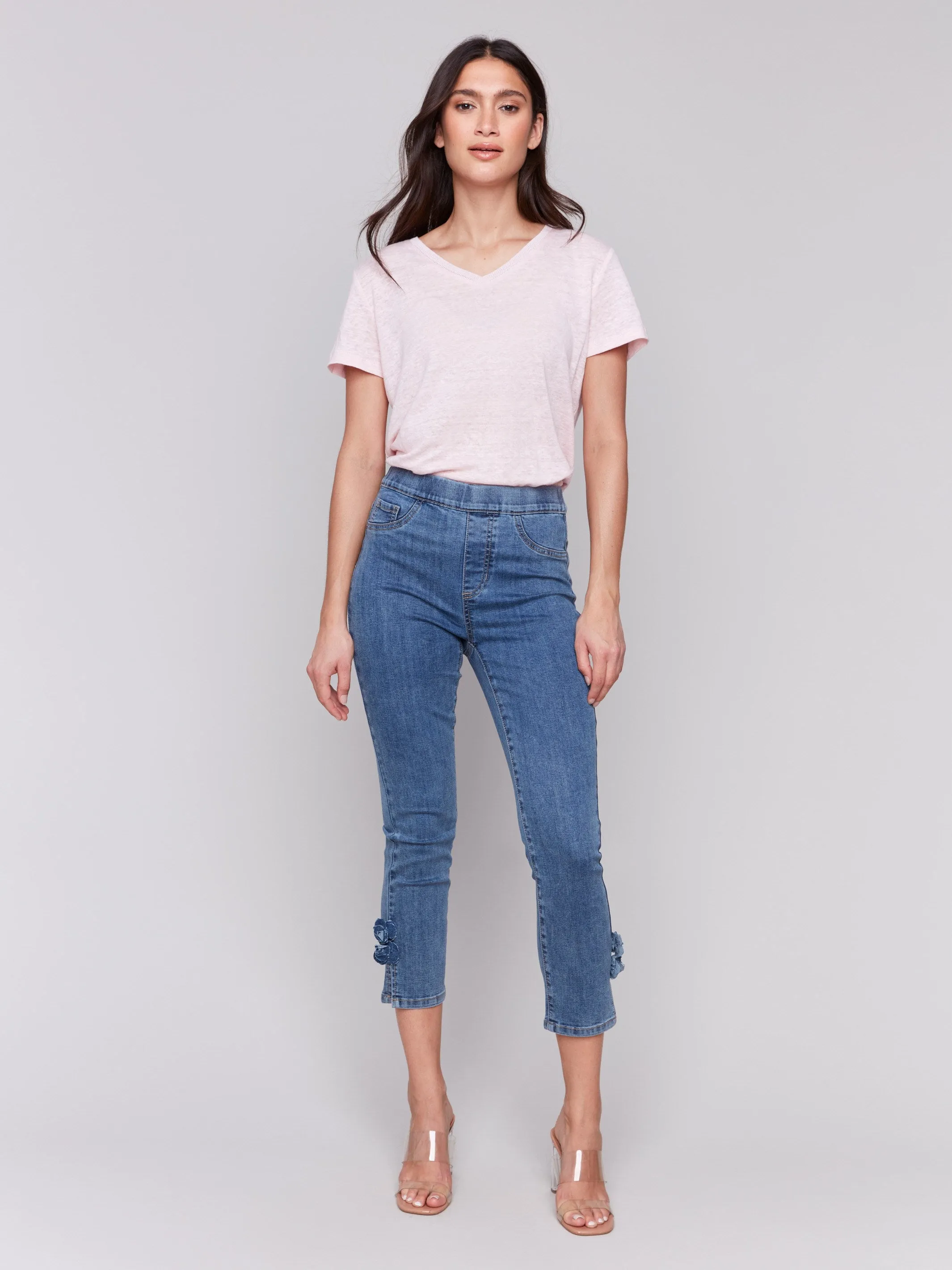 Slim Fit Cropped Jeans with Side Flowers - Medium Blue sold by Charlie B product image thumbnail 5