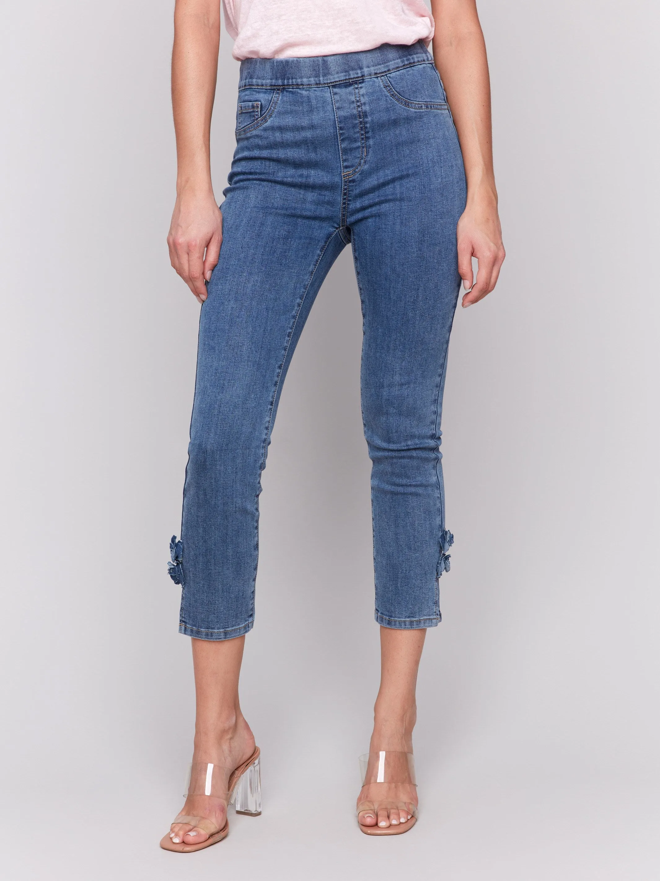 Slim Fit Cropped Jeans with Side Flowers - Medium Blue sold by Charlie B product image thumbnail 2