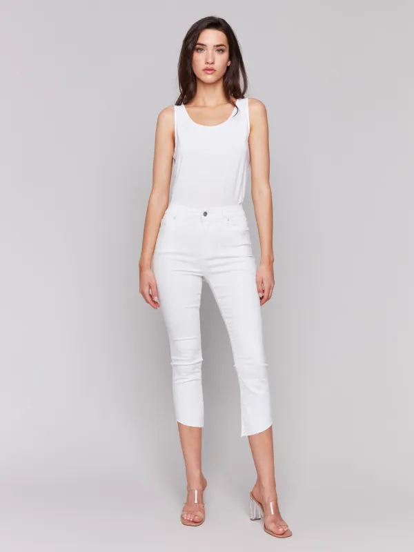 Cropped Twill Pants with Asymmetrical Hem - White sold by Charlie B