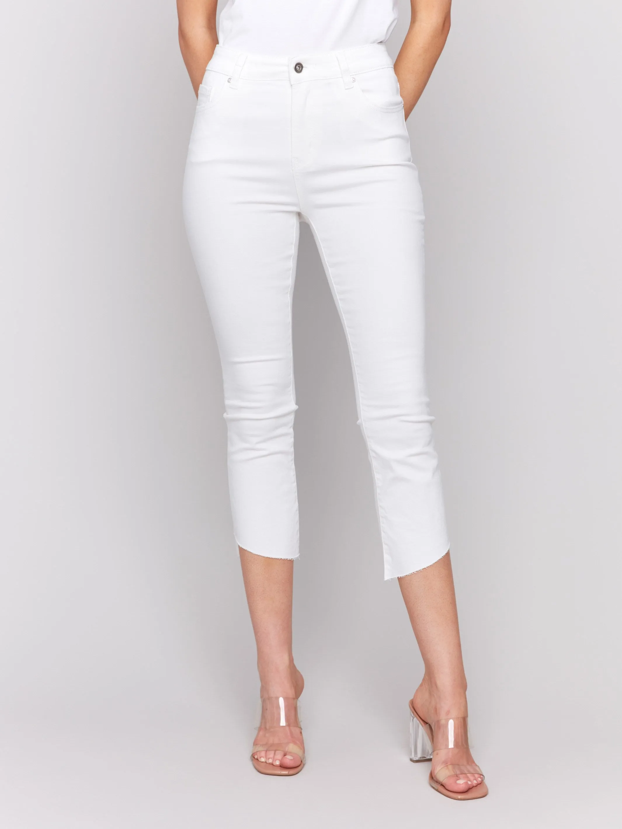 Cropped Twill Pants with Asymmetrical Hem - White sold by Charlie B product image thumbnail 5