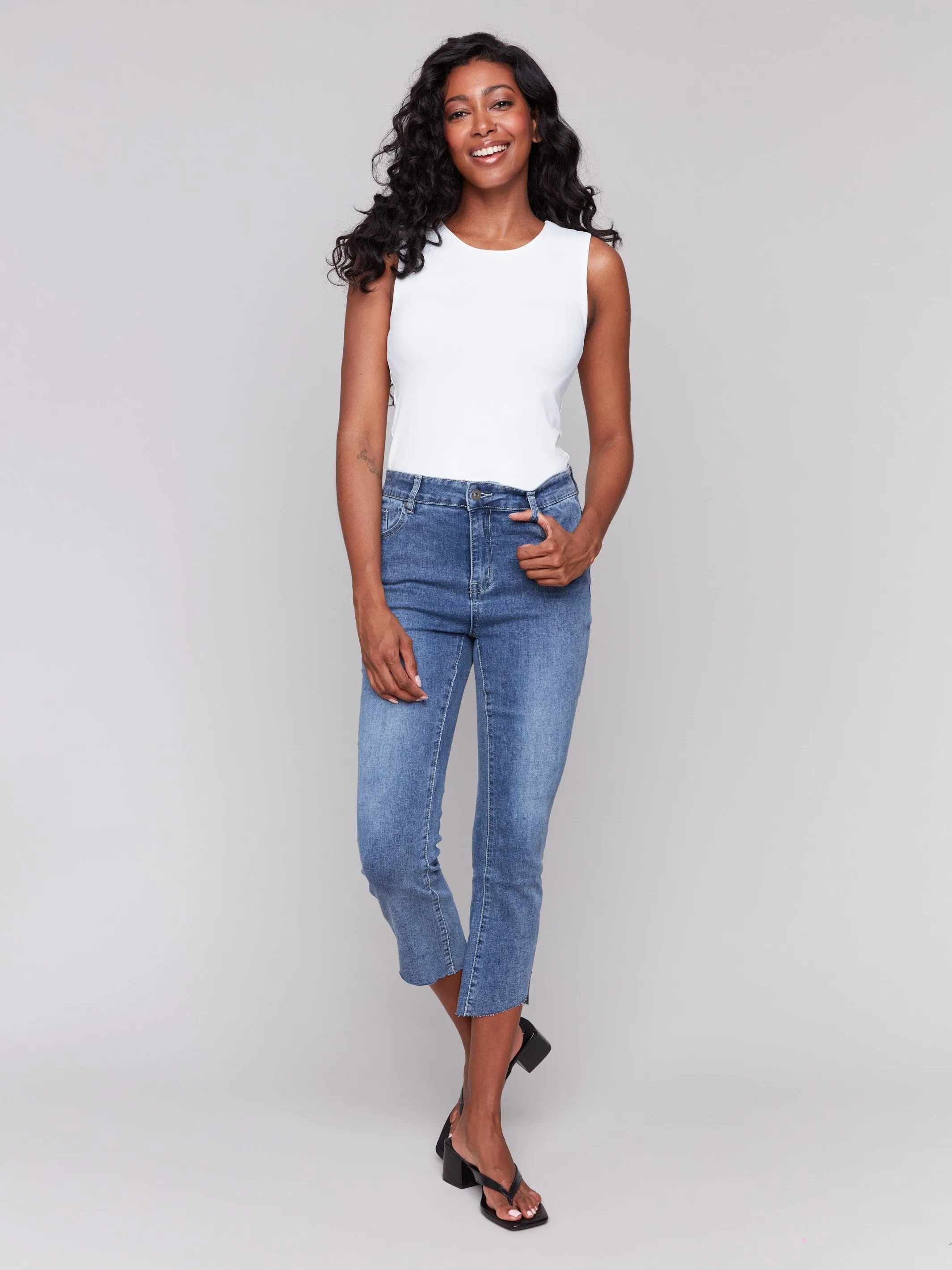 Cropped Jeans with Asymmetrical Hem - Medium Blue sold by Charlie B product image thumbnail 4