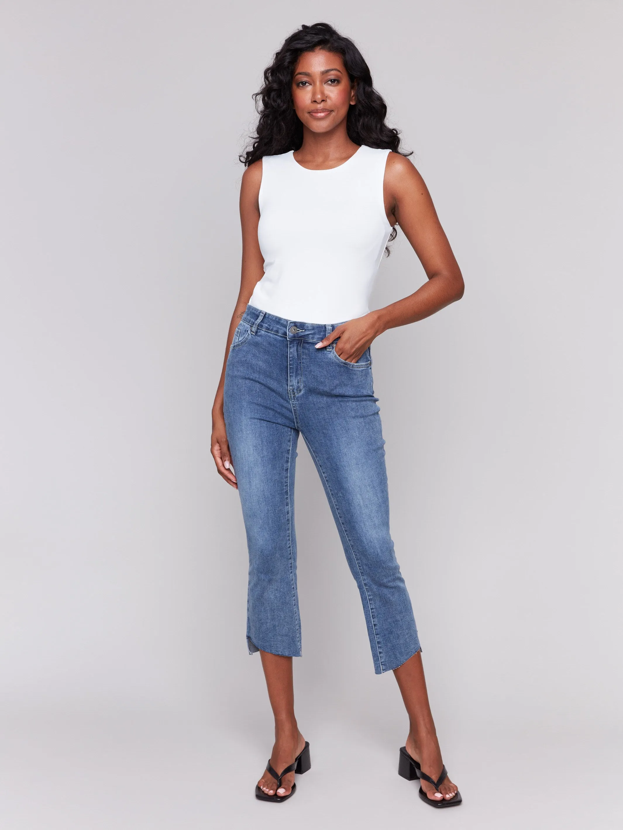 Cropped Jeans with Asymmetrical Hem - Medium Blue sold by Charlie B