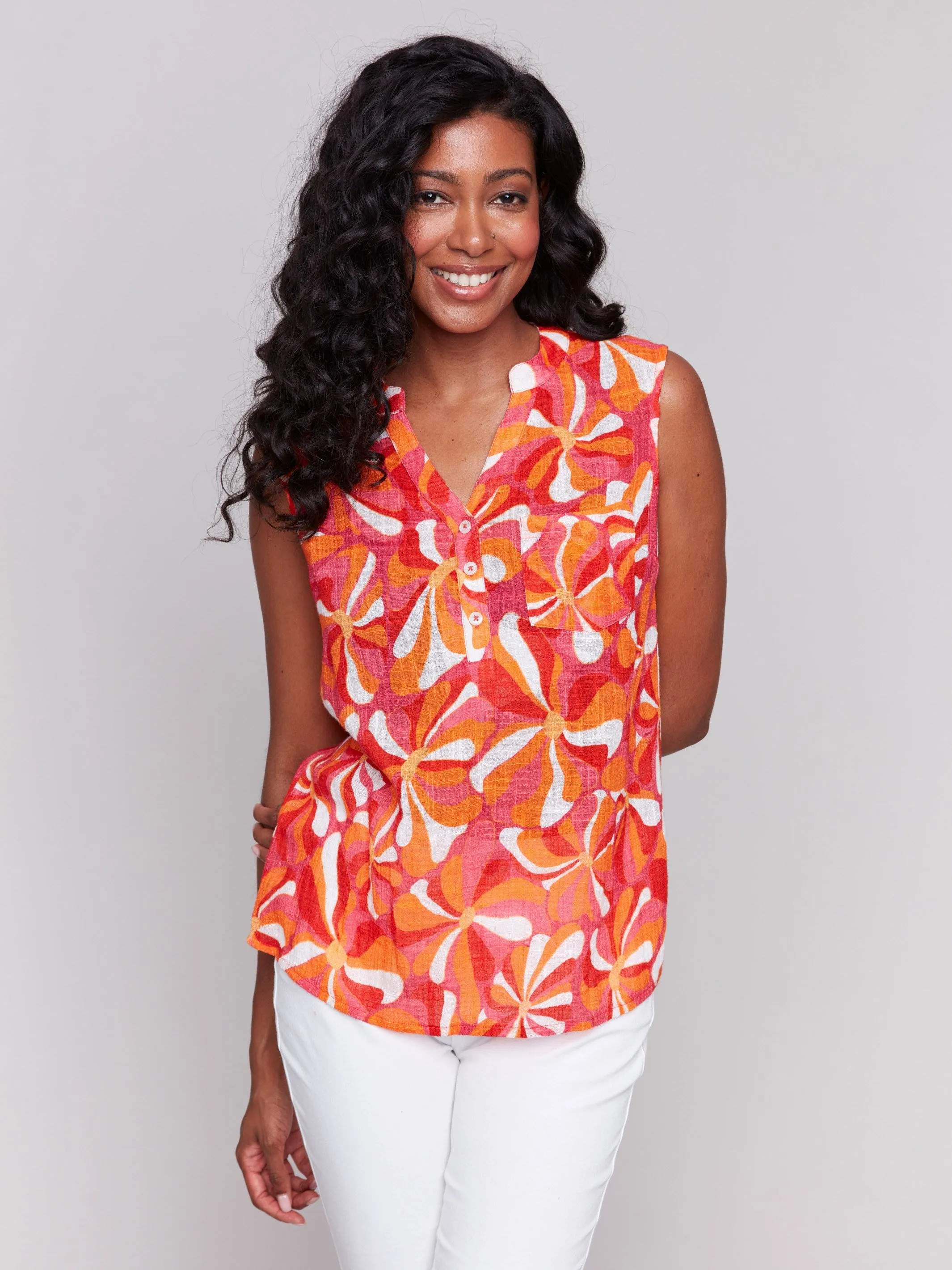 Printed Cotton Gauze Sleeveless Shirt - Groovy sold by Charlie B