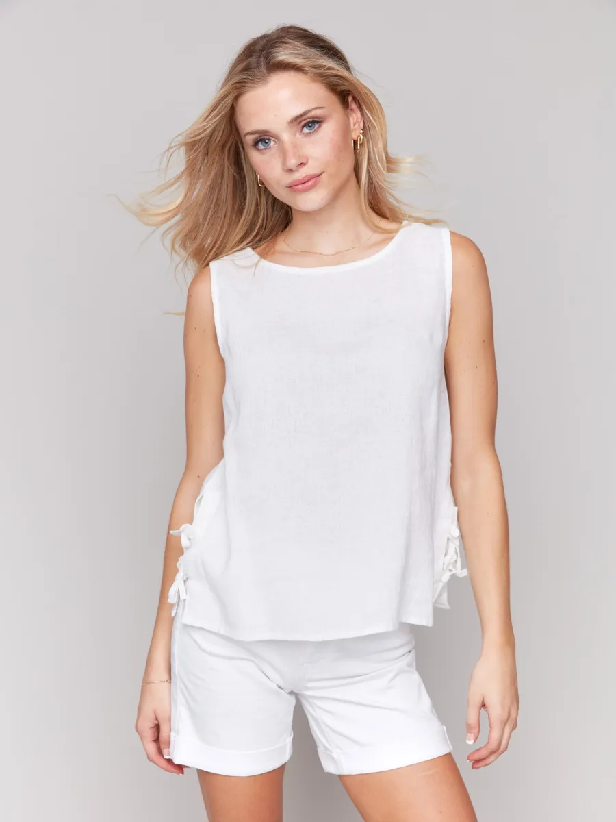 Sleeveless Linen Blend Top with Side Ties - White sold by Charlie B