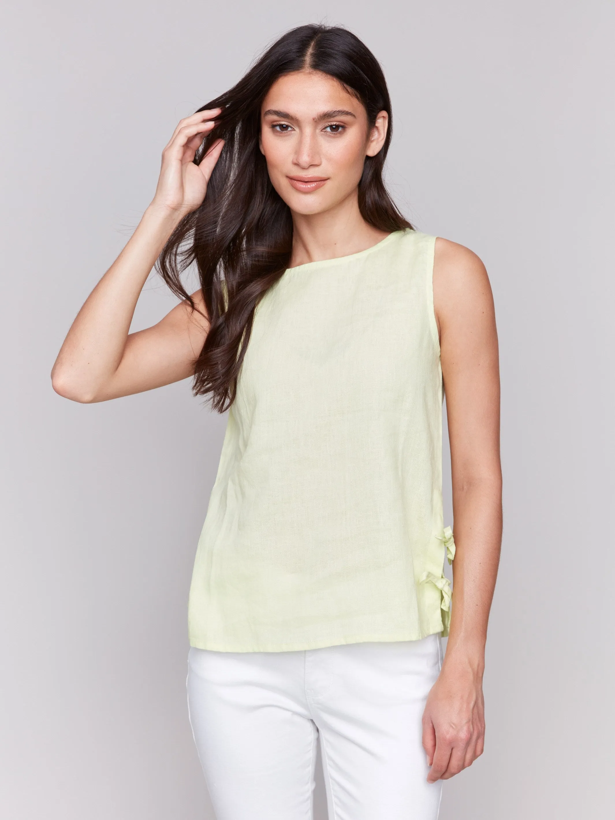 Sleeveless Linen Blend Top with Side Ties - Keylime sold by Charlie B