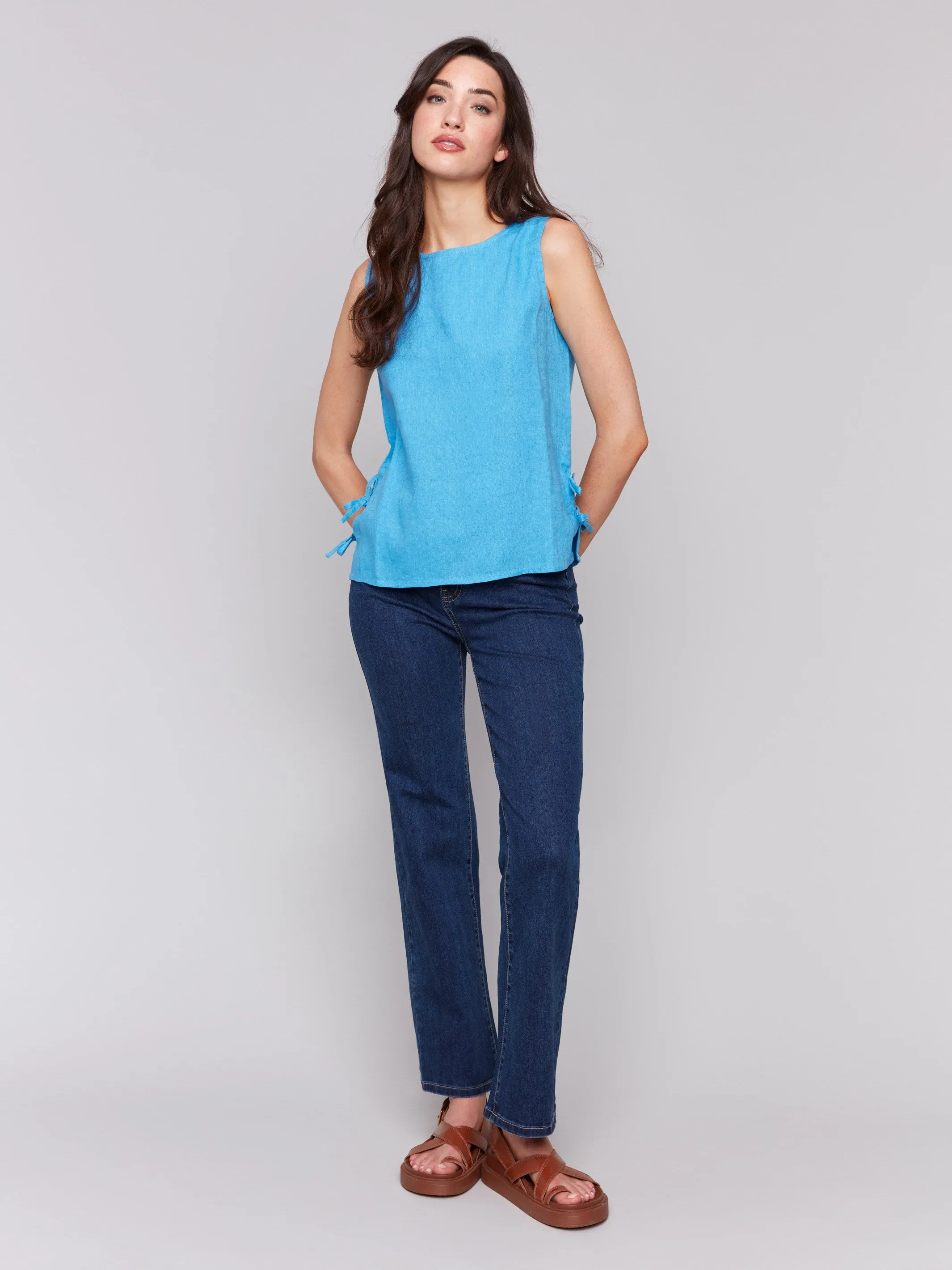 Sleeveless Linen Blend Top with Side Ties - Lagoon sold by Charlie B product image thumbnail 2