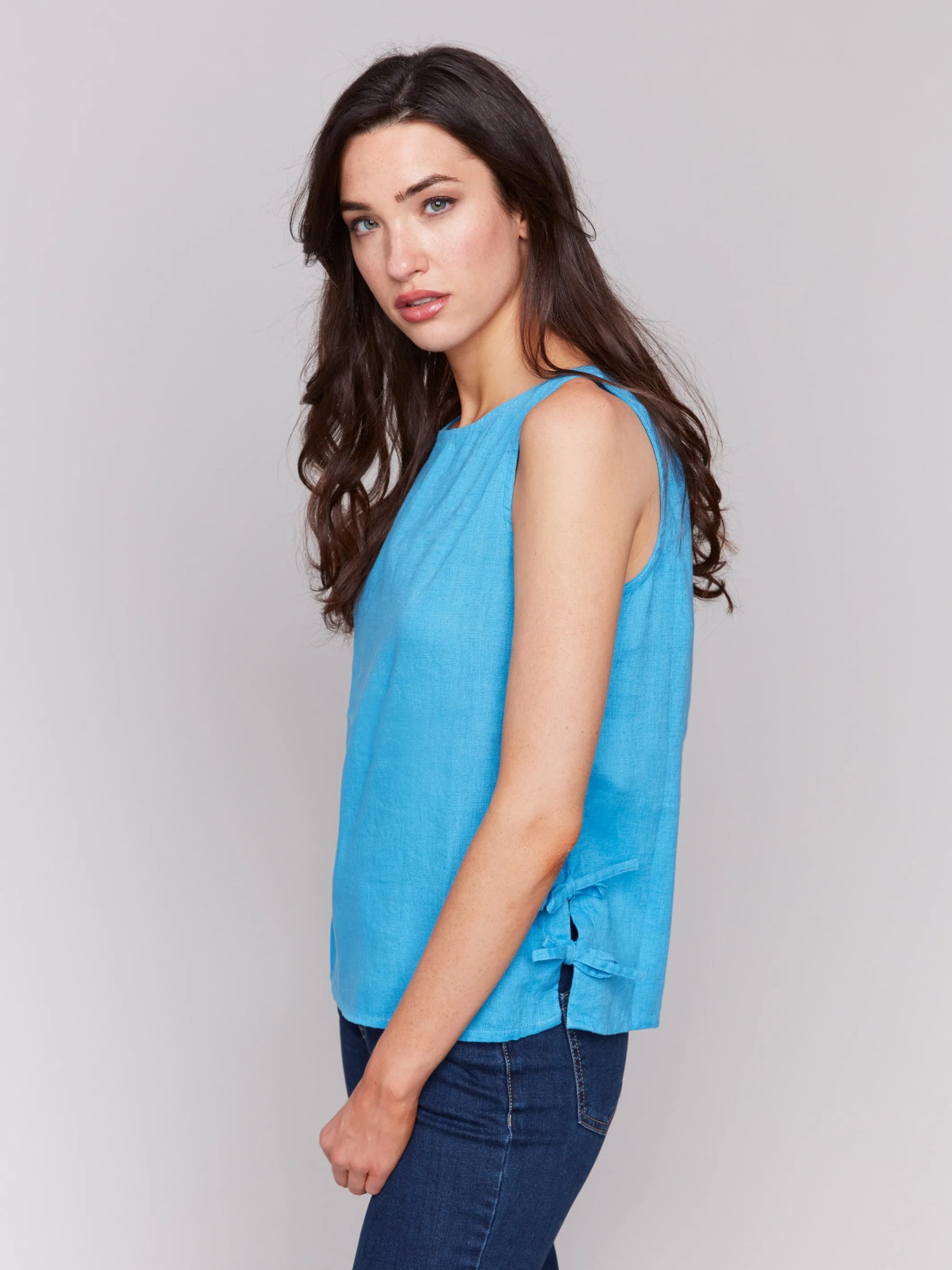 Sleeveless Linen Blend Top with Side Ties - Lagoon sold by Charlie B