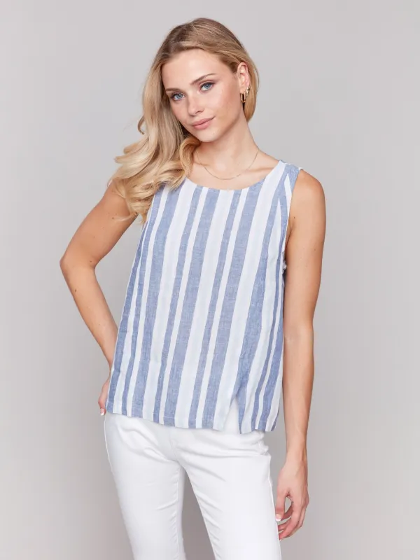 Printed Sleeveless Linen Blend Top with Slit - Stripes sold by Charlie B