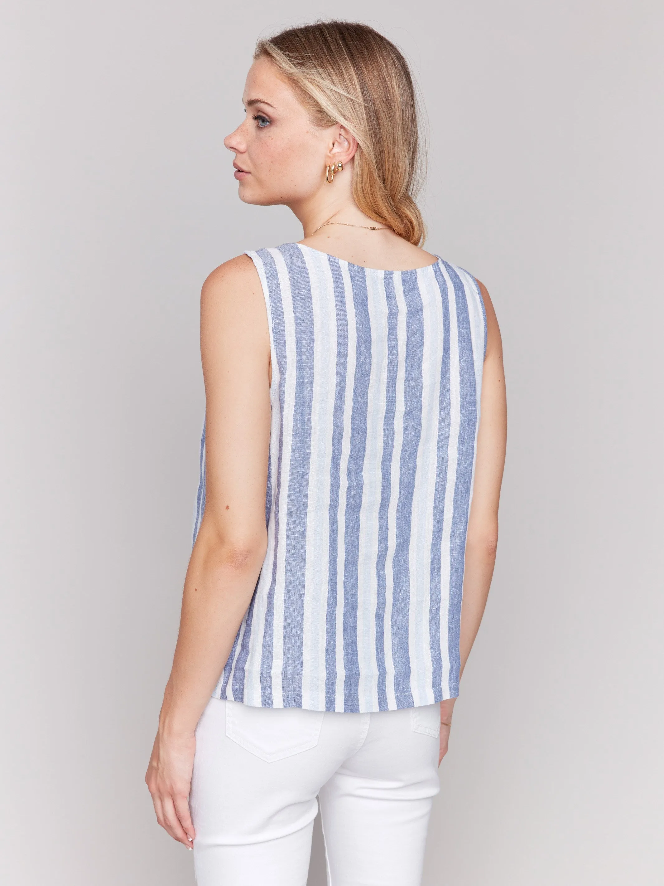 Printed Sleeveless Linen Blend Top with Slit - Stripes sold by Charlie B product image thumbnail 3