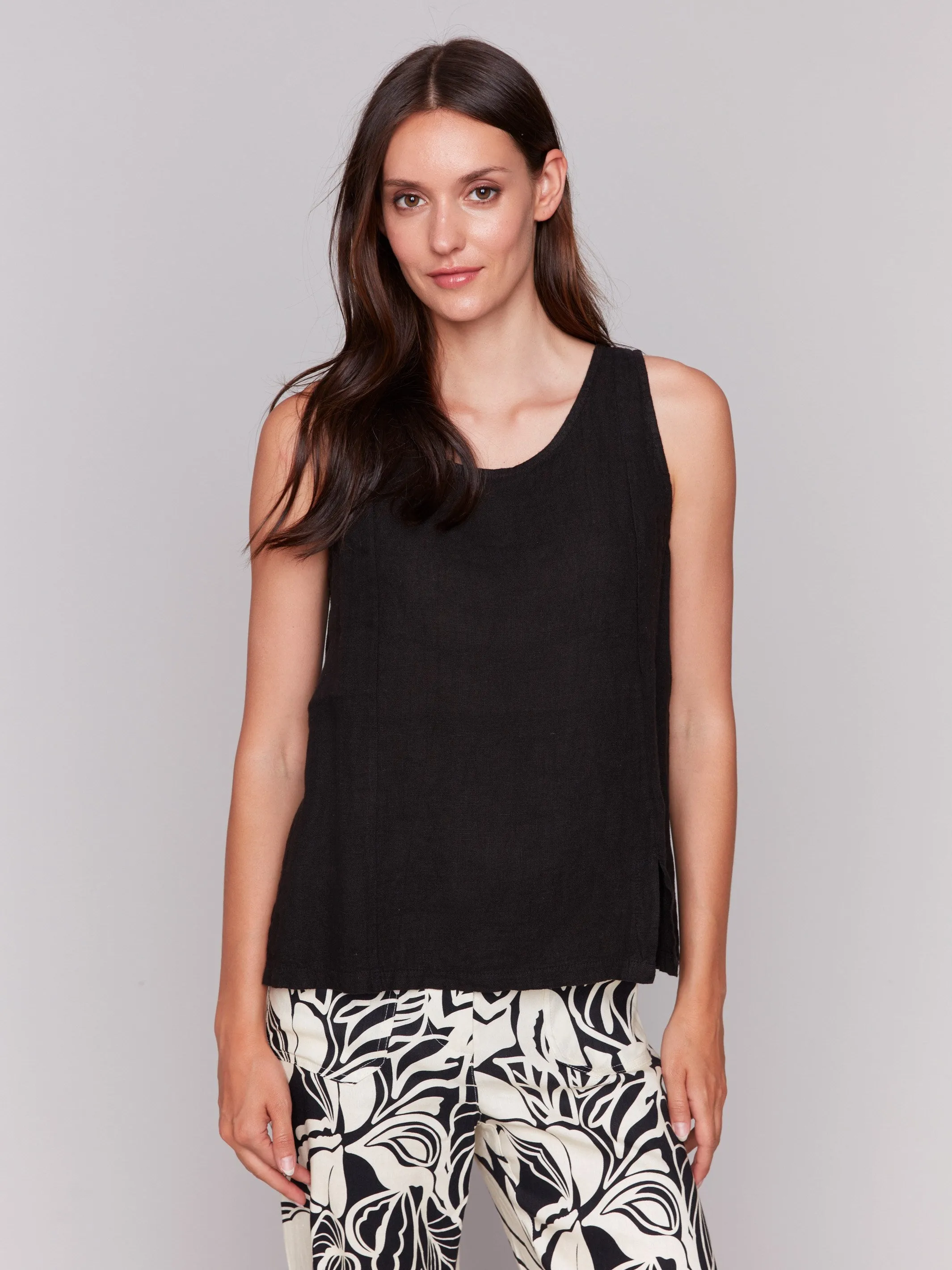 Sleeveless Linen Top with Slit - Black sold by Charlie B