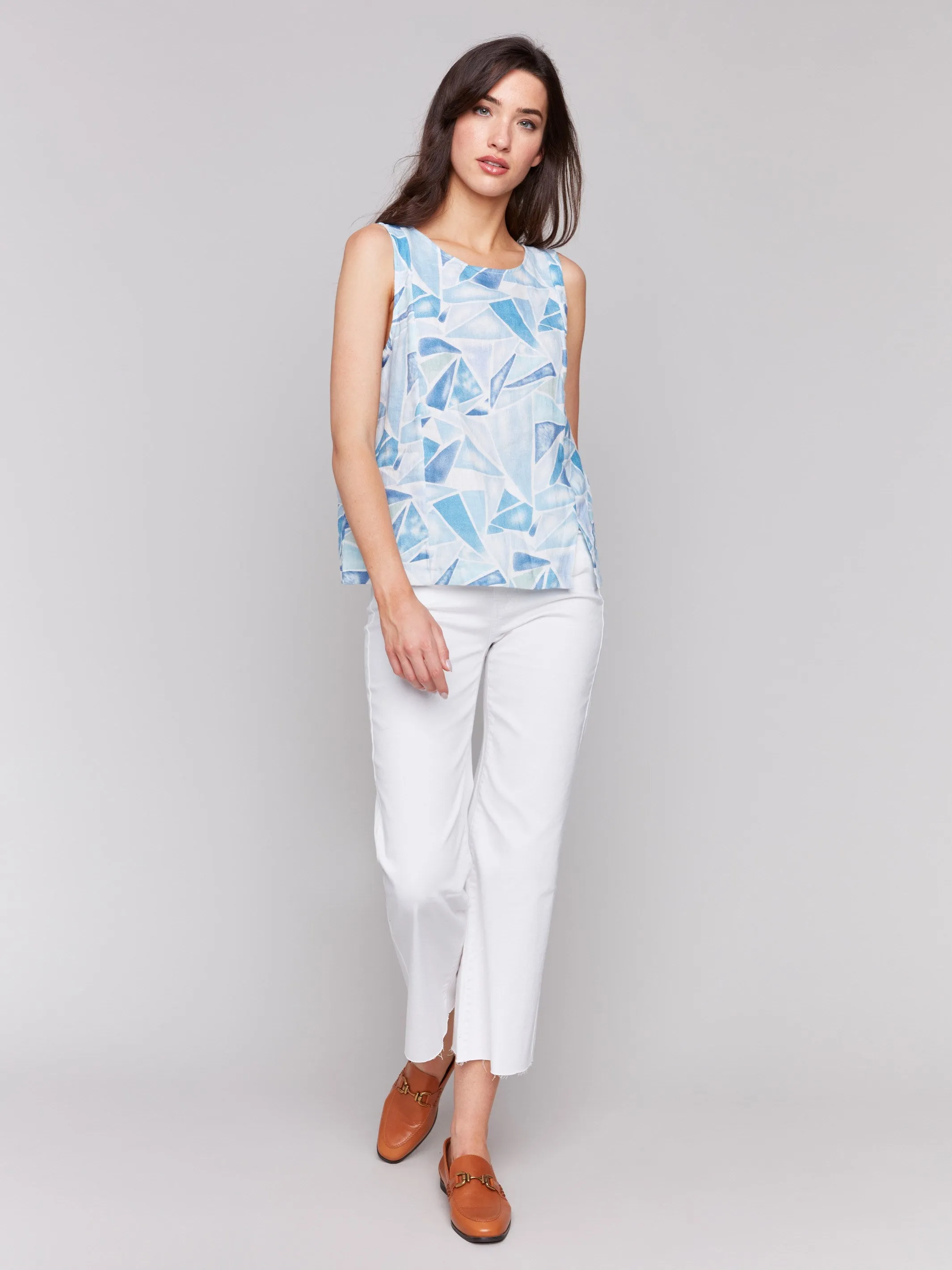 Printed Sleeveless Linen Blend Top with Slit - Denim sold by Charlie B product image thumbnail 2