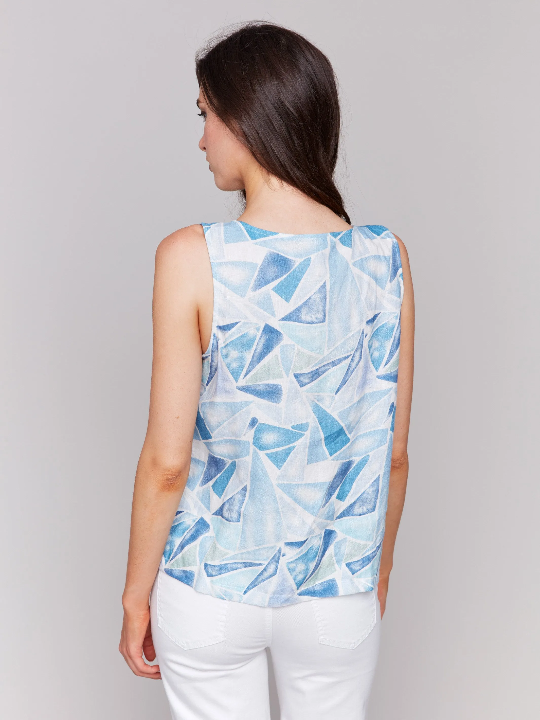 Printed Sleeveless Linen Blend Top with Slit - Denim sold by Charlie B product image thumbnail 3