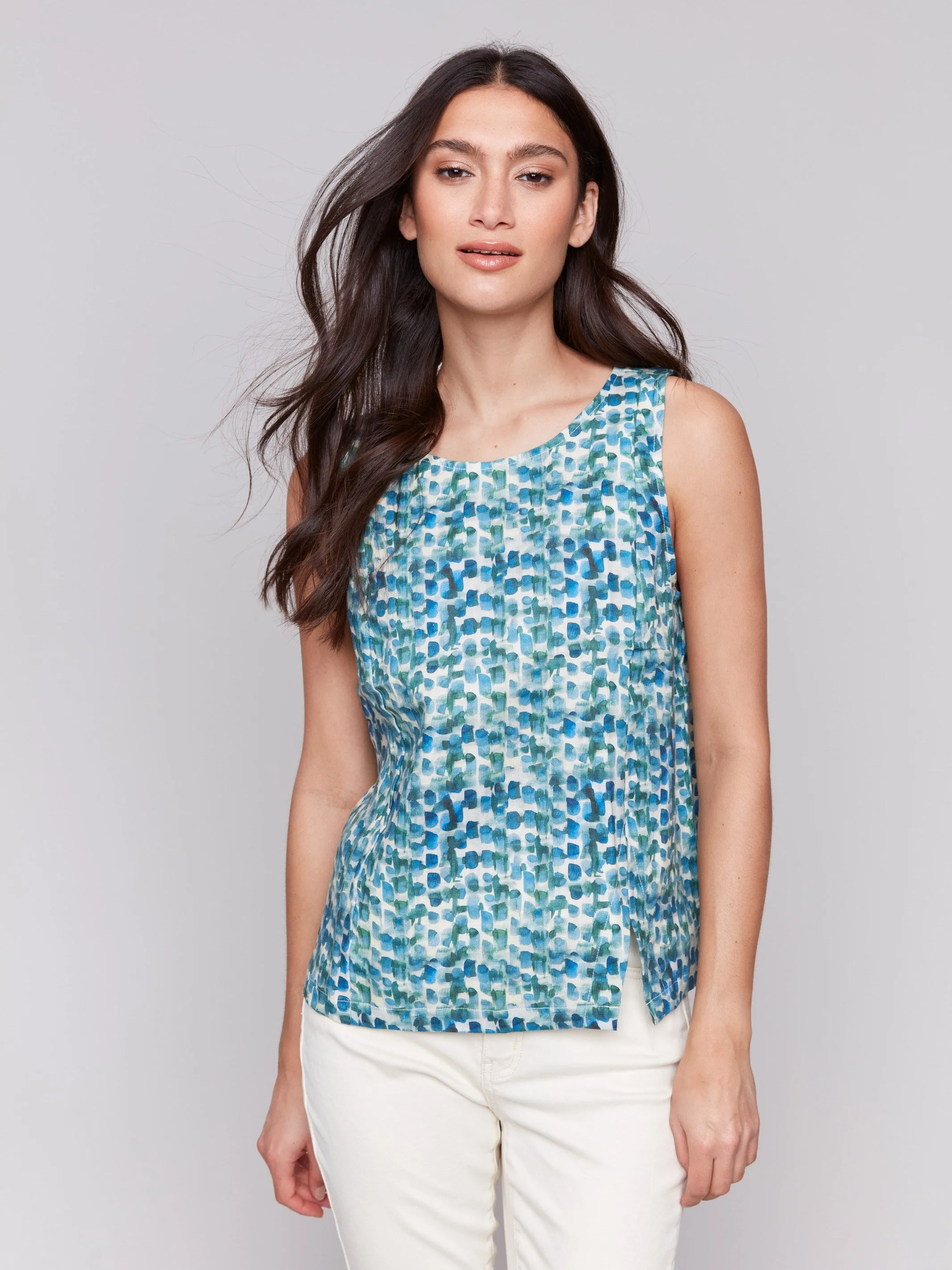 Printed Sleeveless Linen Blend Top with Slit - Lilypad sold by Charlie B
