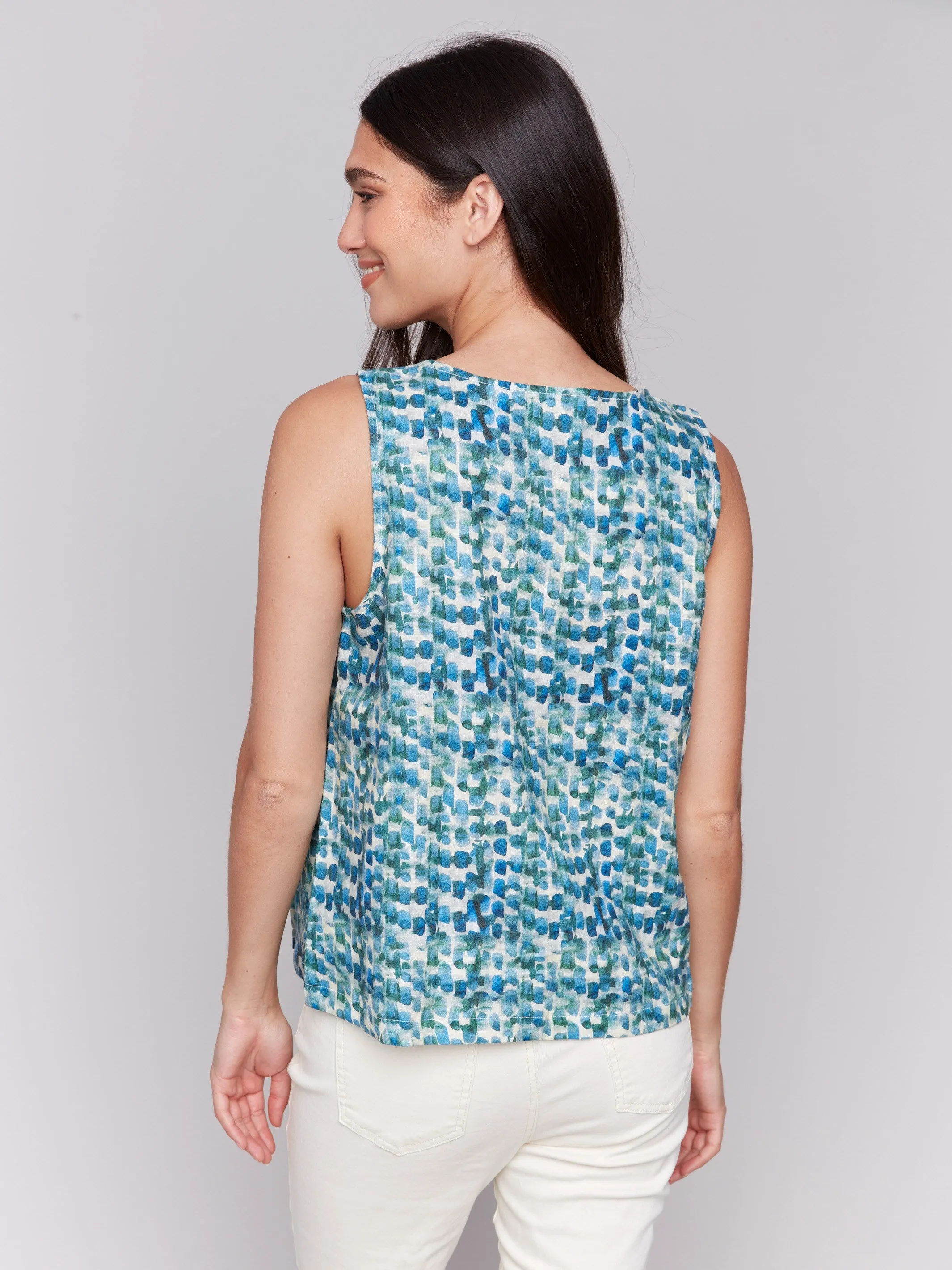 Printed Sleeveless Linen Blend Top with Slit - Lilypad sold by Charlie B product image thumbnail 3