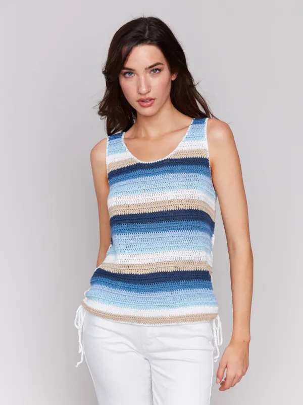 Sleeveless Striped Crochet Top with Side Ties - Blue sold by Charlie B