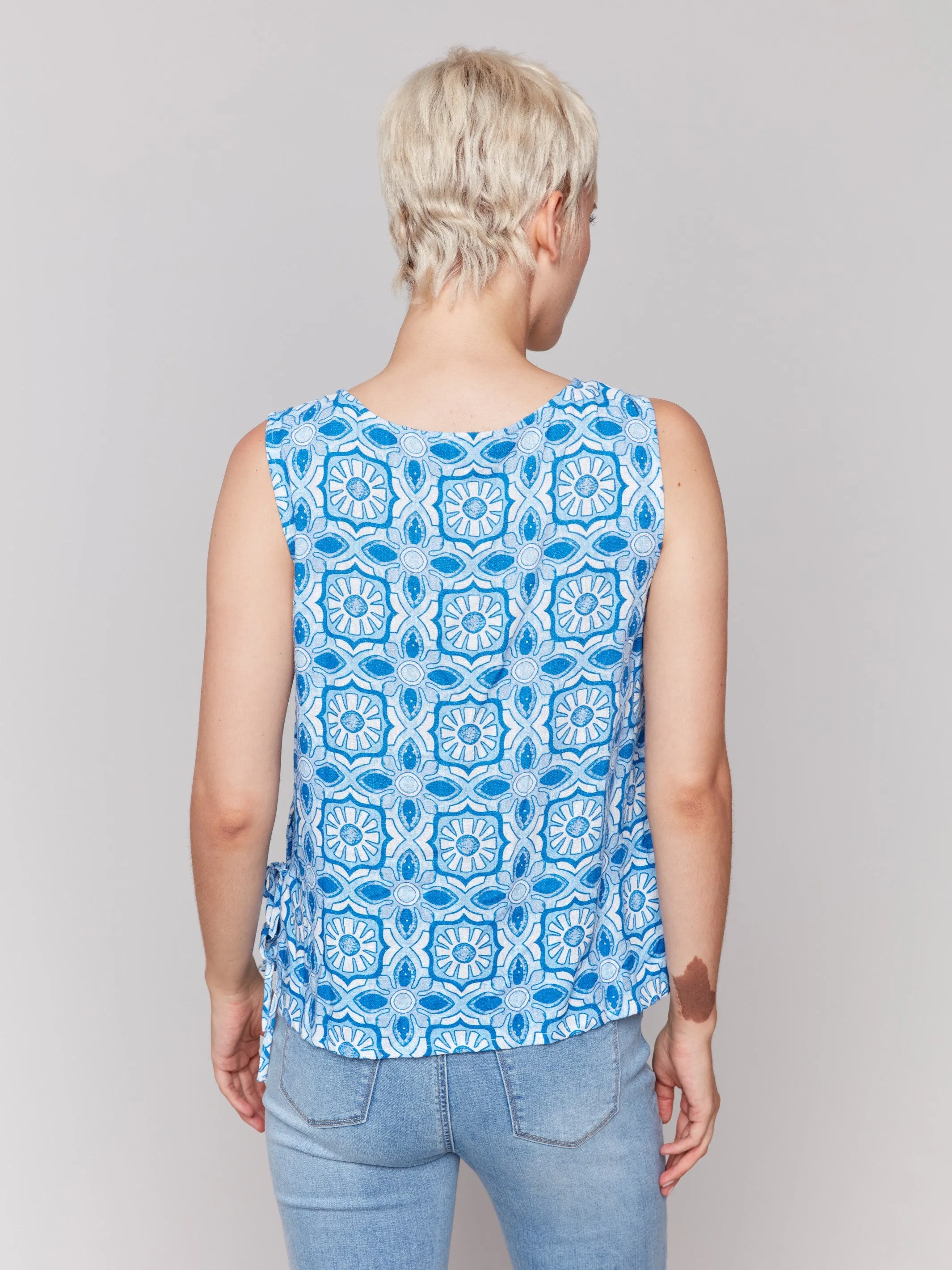 Printed Sleeveless Linen Blend Top with Side Ties - Illusion sold by Charlie B product image thumbnail 5