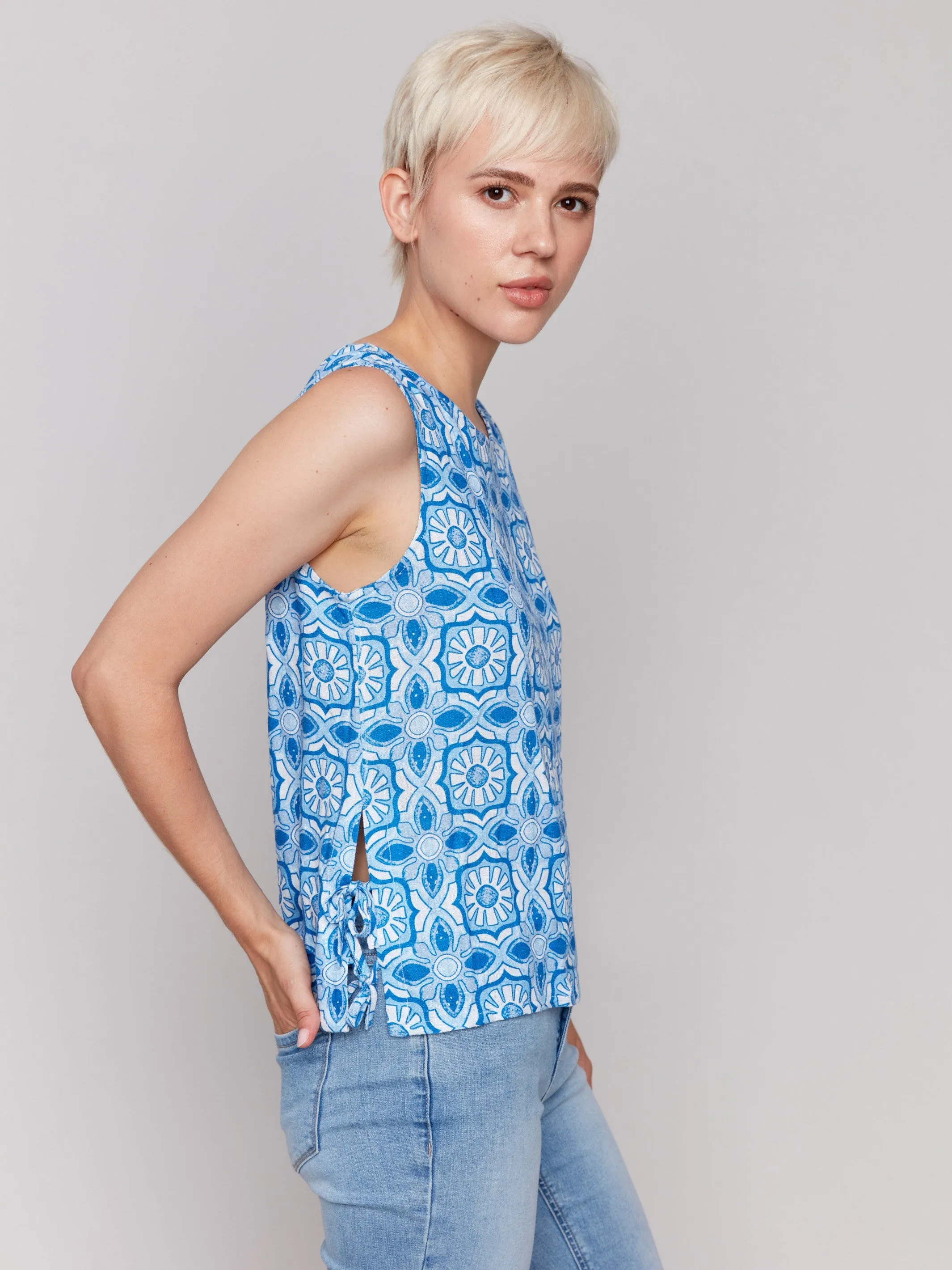 Printed Sleeveless Linen Blend Top with Side Ties - Illusion sold by Charlie B product image thumbnail 2
