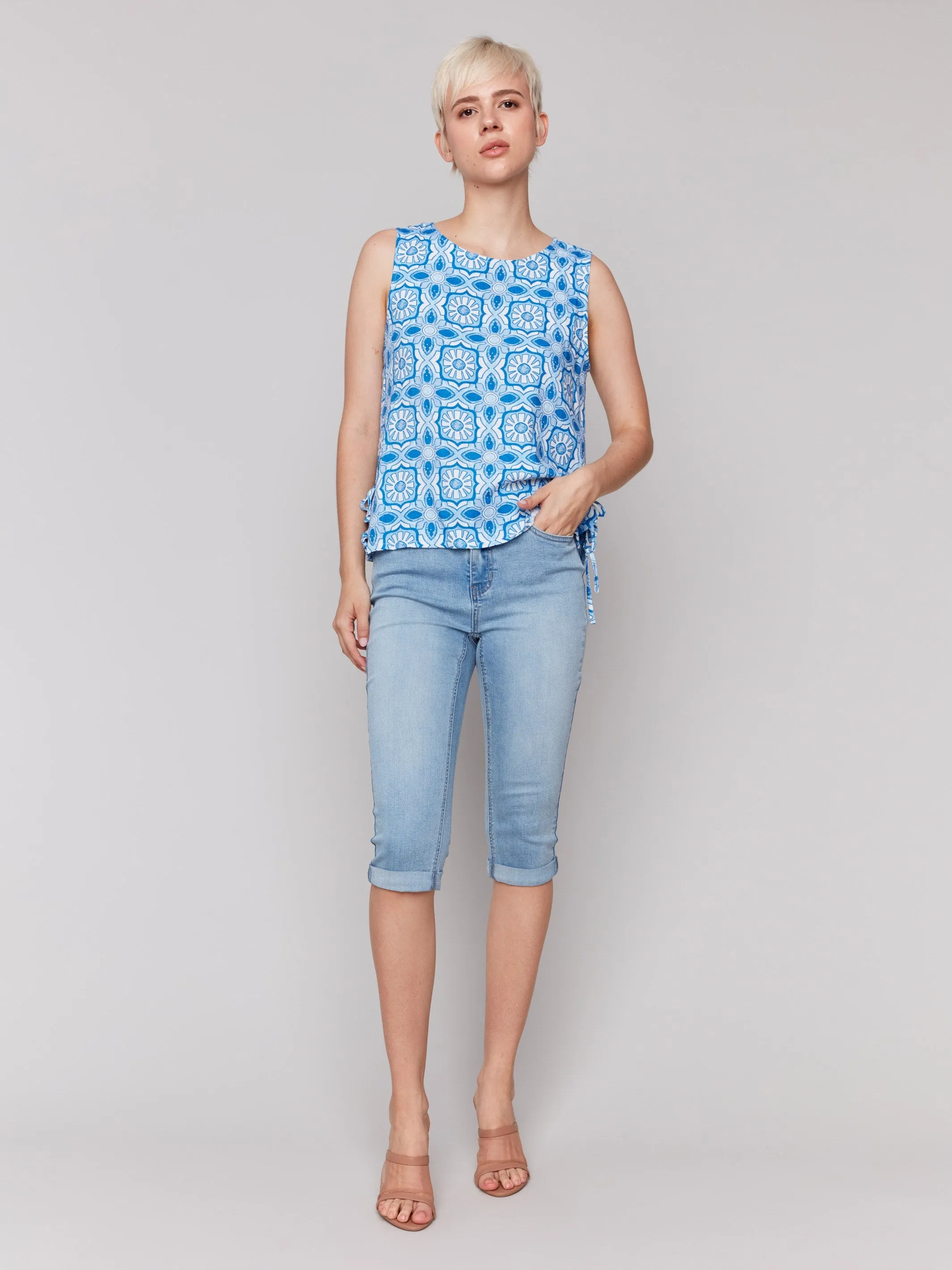 Printed Sleeveless Linen Blend Top with Side Ties - Illusion sold by Charlie B product image thumbnail 4