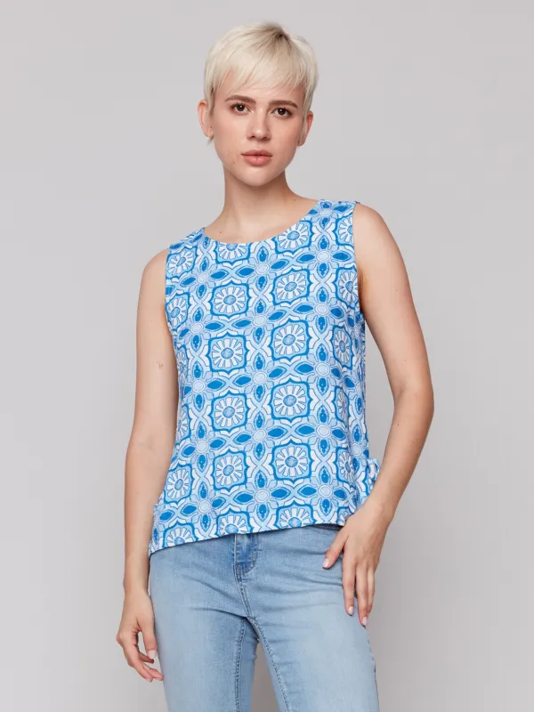 Printed Sleeveless Linen Blend Top with Side Ties - Illusion sold by Charlie B