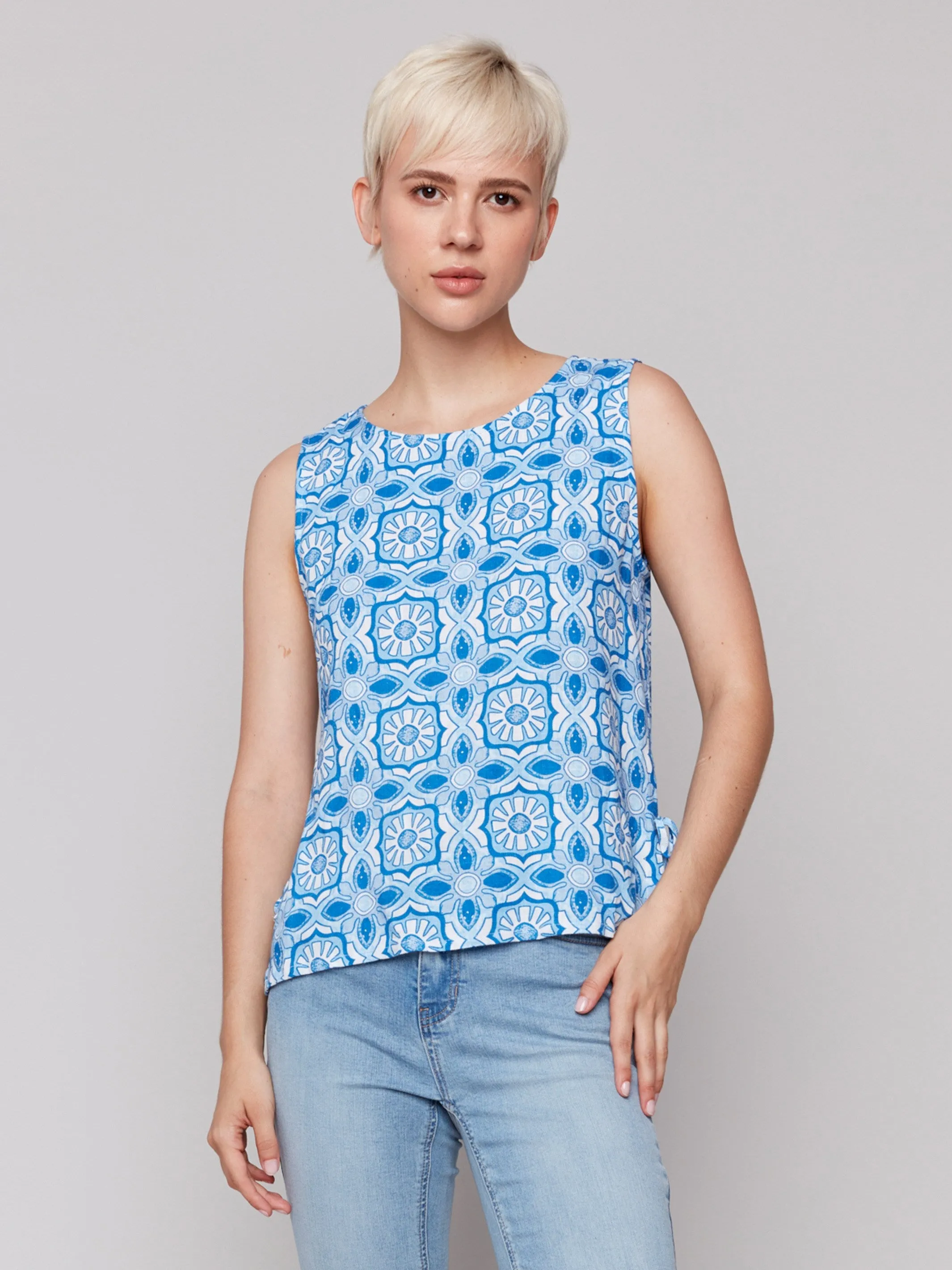 Printed Sleeveless Linen Blend Top with Side Ties - Illusion sold by Charlie B