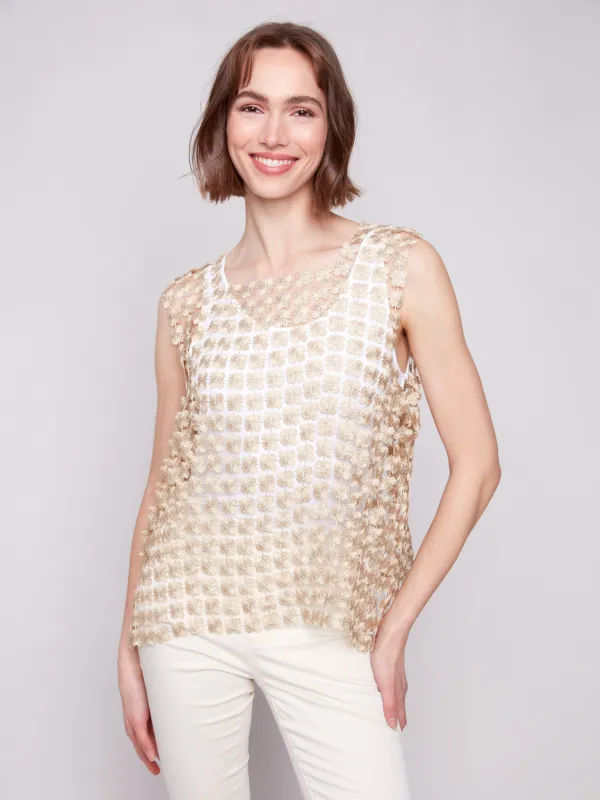 Sleeveless Textured Crochet Flower Top - Gold sold by Charlie B