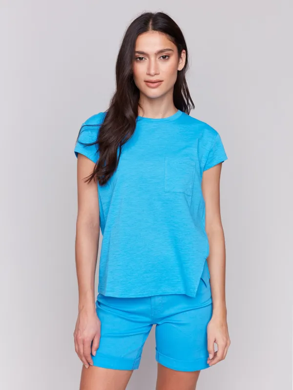 Organic Cotton Cap Sleeve T-Shirt with Slit Detail - Lagoon made by Charlie B