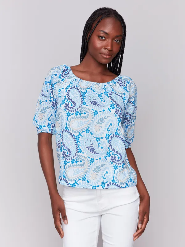 Printed Off-The-Shoulder Cotton Blouse - Blue sold by Charlie B