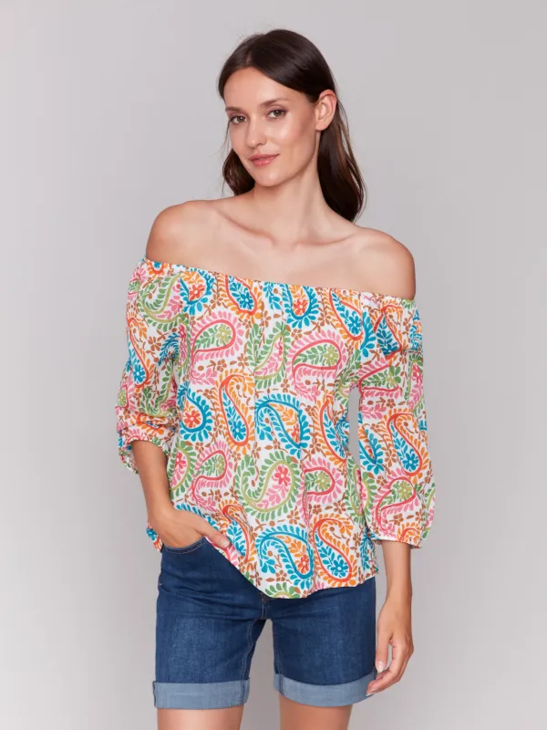 Printed Off-The-Shoulder Cotton Blouse - Rainbow sold by Charlie B