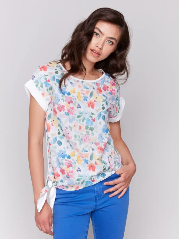 Printed Linen Blend Top with Side Tie - Flowers sold by Charlie B