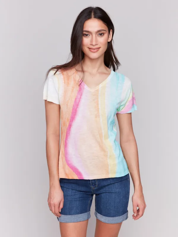 Printed Short Sleeve Linen Blend Sweater - Rainbow sold by Charlie B