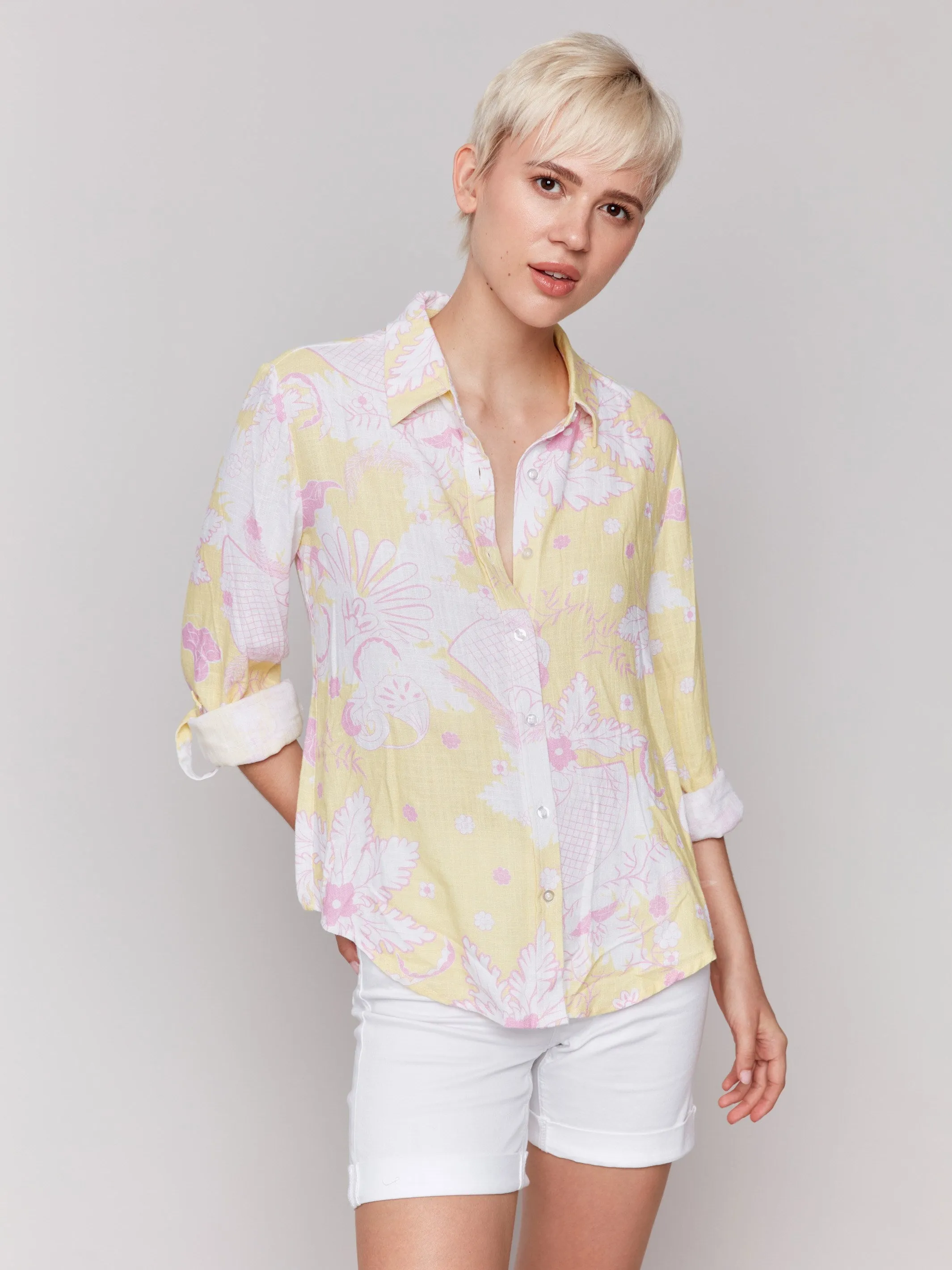 Printed Roll-Up Sleeve Shirt- Lemonade sold by Charlie B