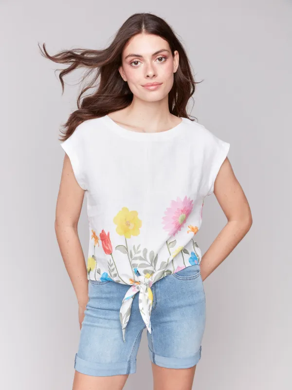 Printed Linen Blend Tie-Front Blouse - Summer sold by Charlie B