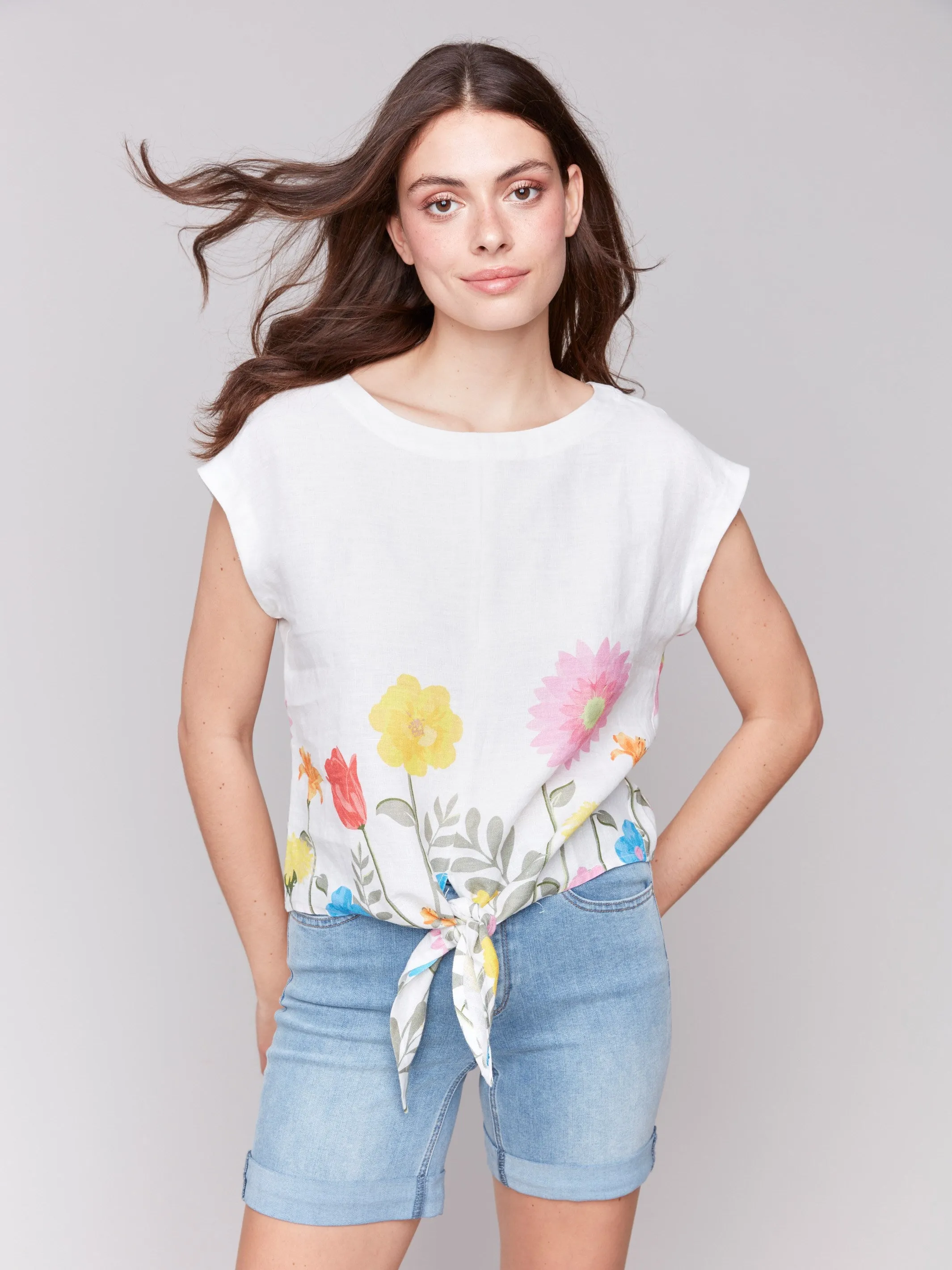Printed Linen Blend Tie-Front Blouse - Summer sold by Charlie B