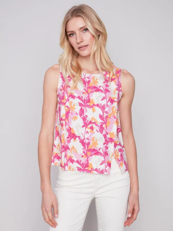 Printed Sleeveless Linen Top with Slit - Sherbet sold by Charlie B