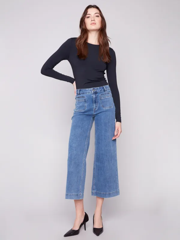 Patch Pocket Flare Jeans - Medium Blue sold by Charlie B
