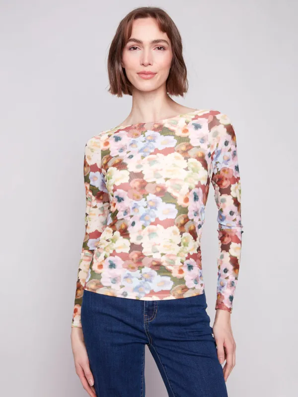 Printed Ruched Mesh Top - Botanical sold by Charlie B