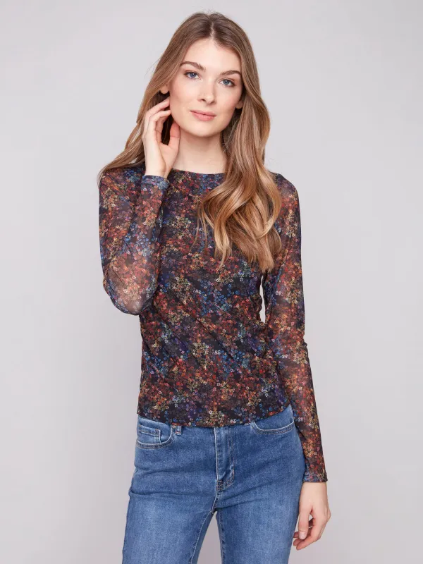 Printed Ruched Mesh Top - Floret sold by Charlie B