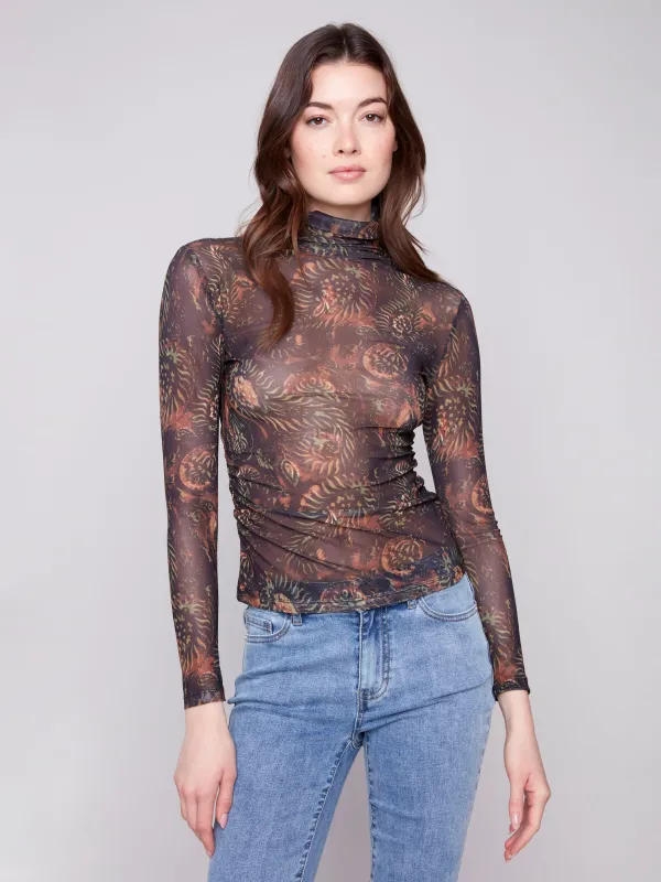 Printed Mock Neck Mesh Top - Spruce sold by Charlie B