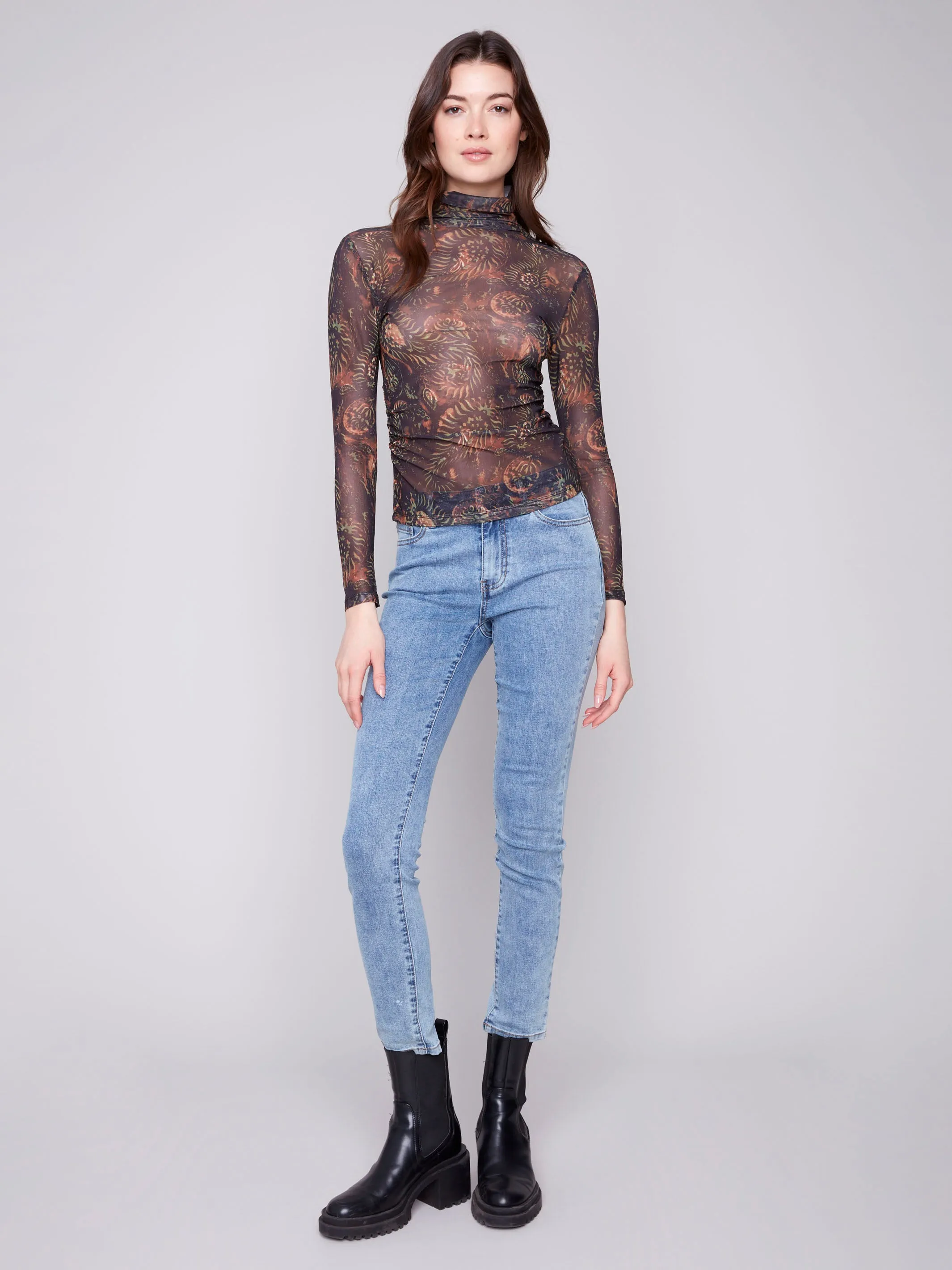 Printed Mock Neck Mesh Top - Spruce sold by Charlie B product image thumbnail 4